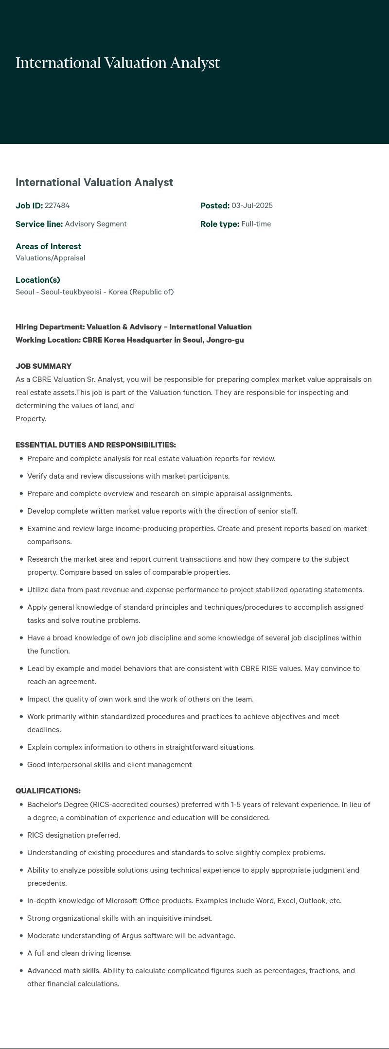 CBRE코리아 International Valuation Analyst 채용공고