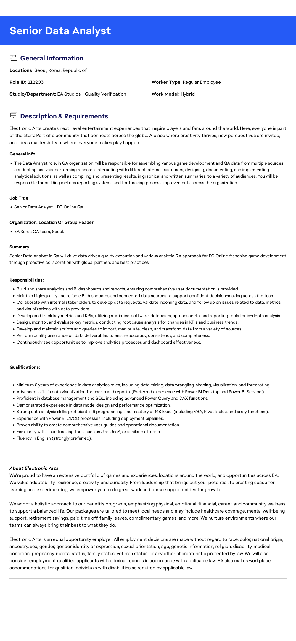 ElectronicArts Senior Data Analyst - FC Online QA 채용공고