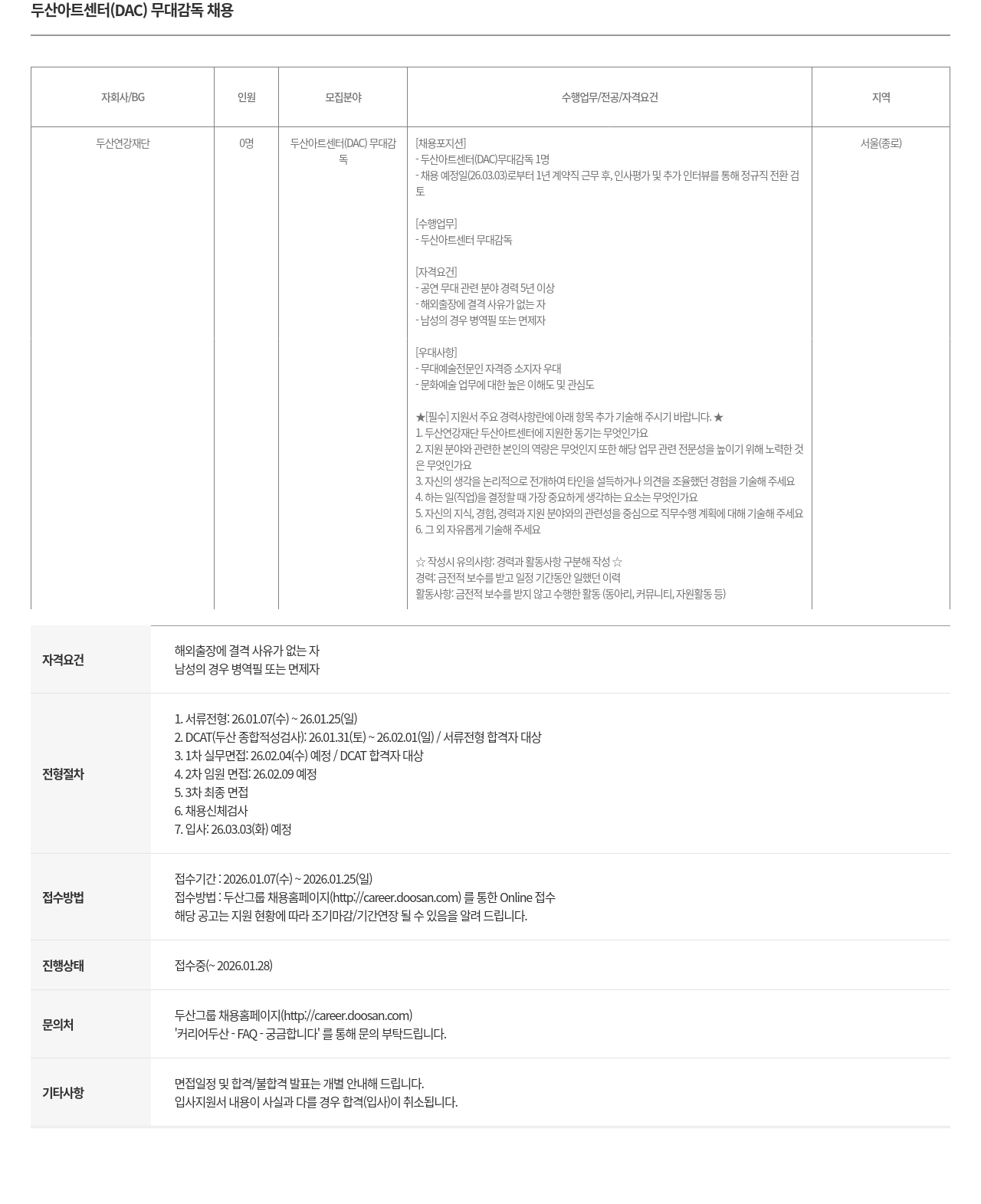 두산연강재단 두산 아트 센터 DAC 무대 감독 채용 채용공고