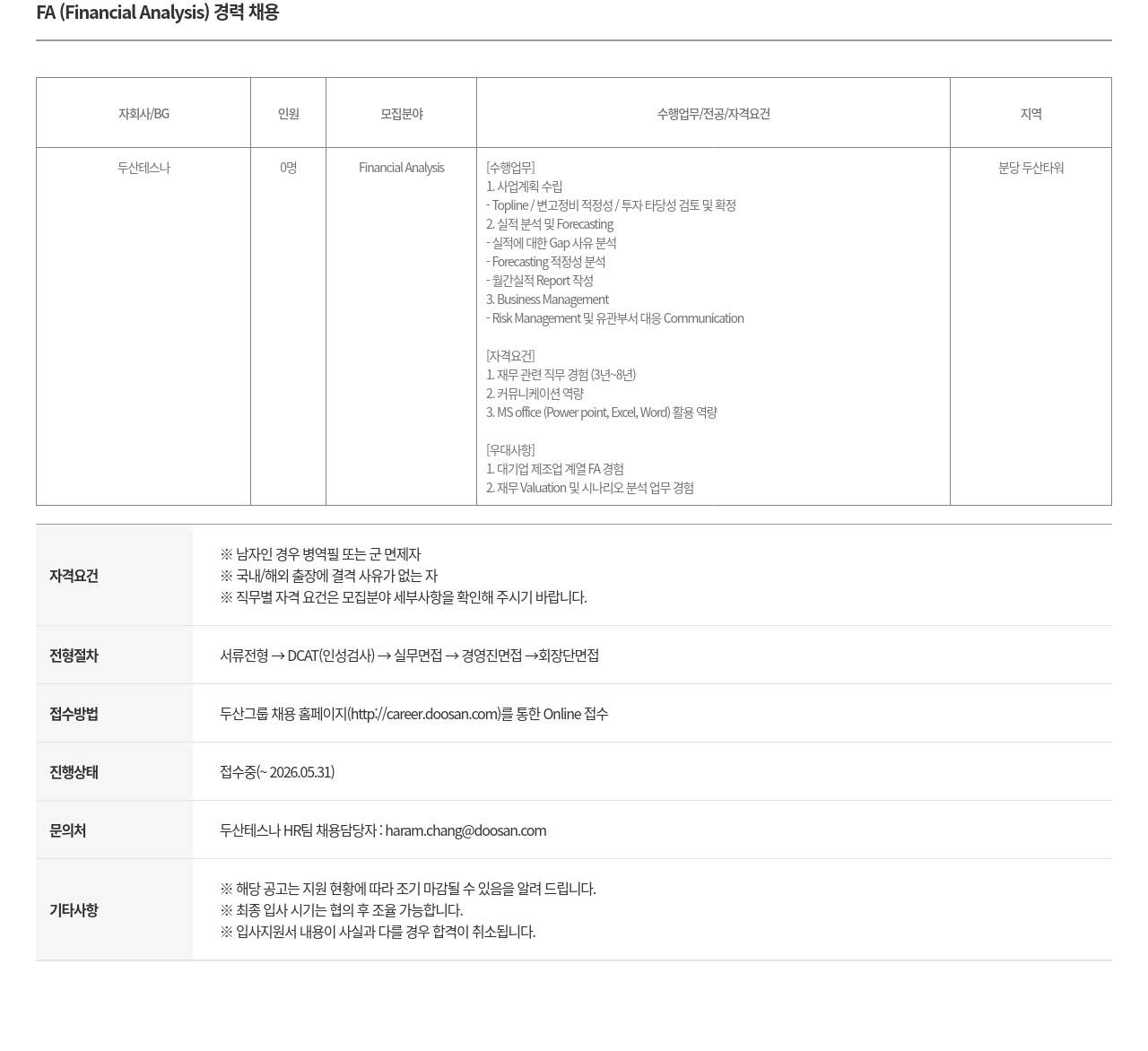 두산테스나 FA ( Financial Analysis ) 경력 채용 채용공고
