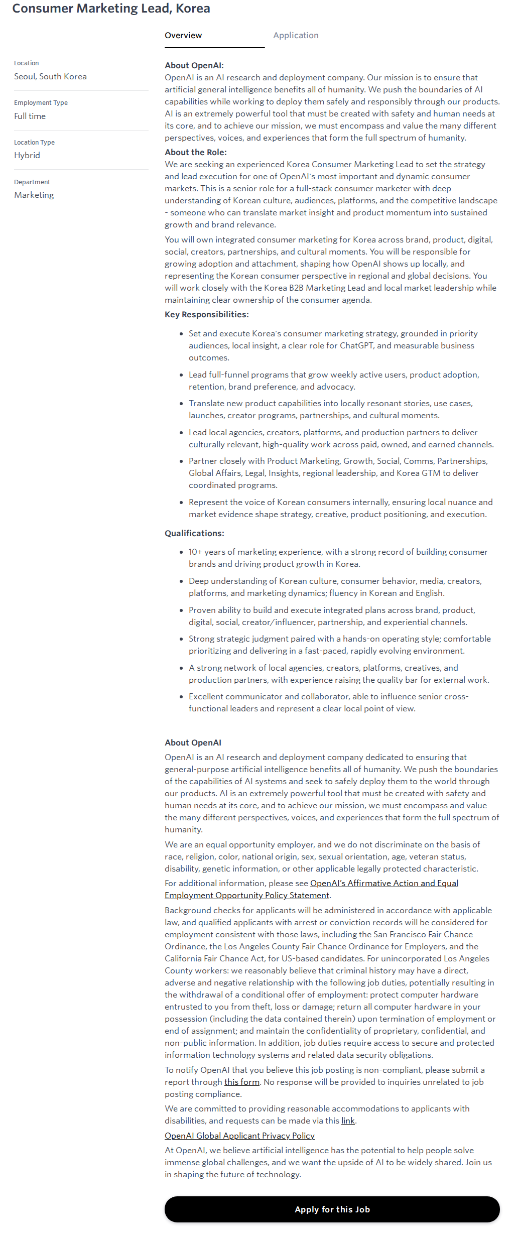 오픈에이아이(OpenAI) Consumer Marketing Lead, Korea 채용공고