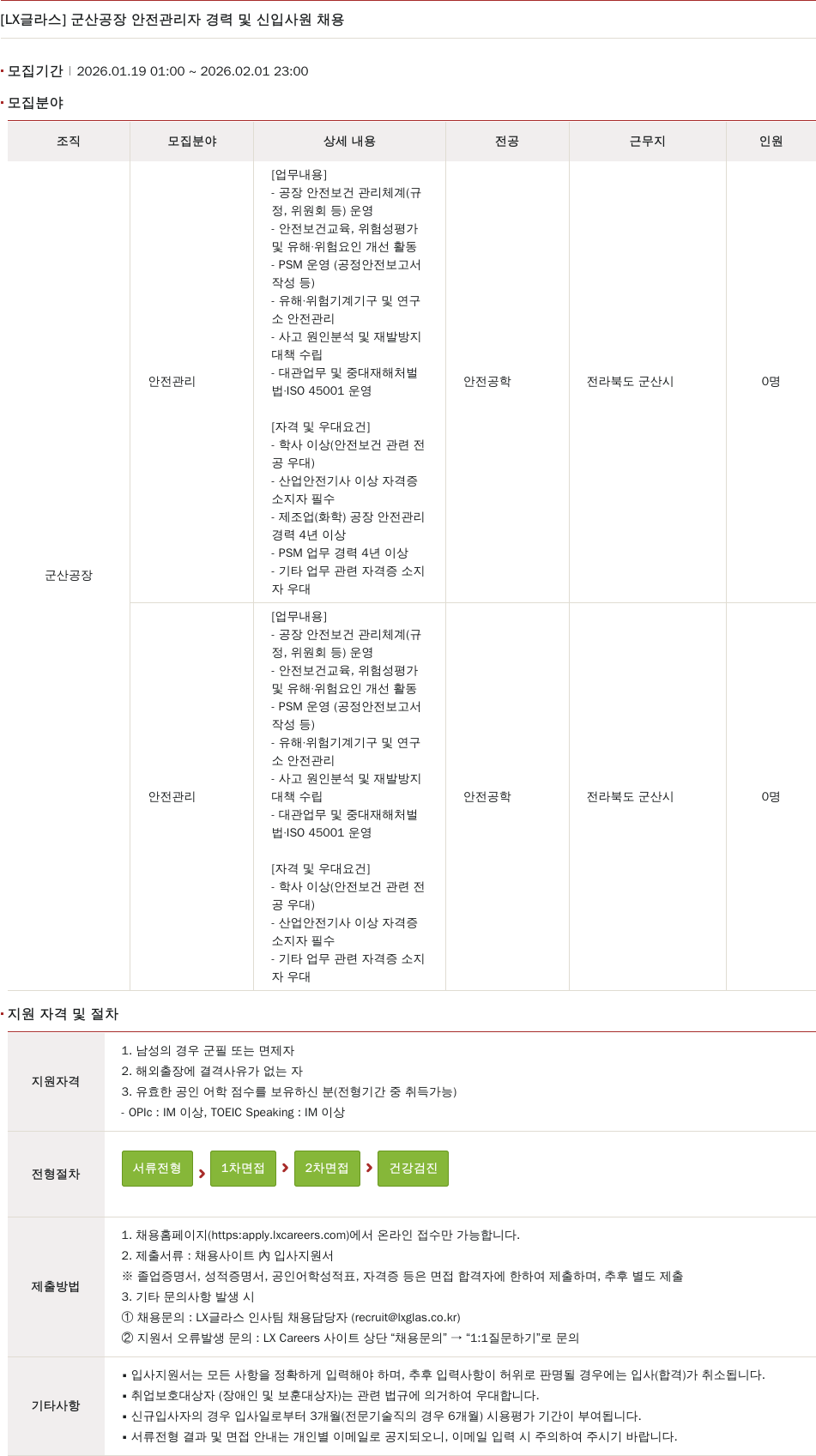 LX글라스 LX 글라스 군산 공장 안전 관리자 경력 및 신입 채용 채용공고