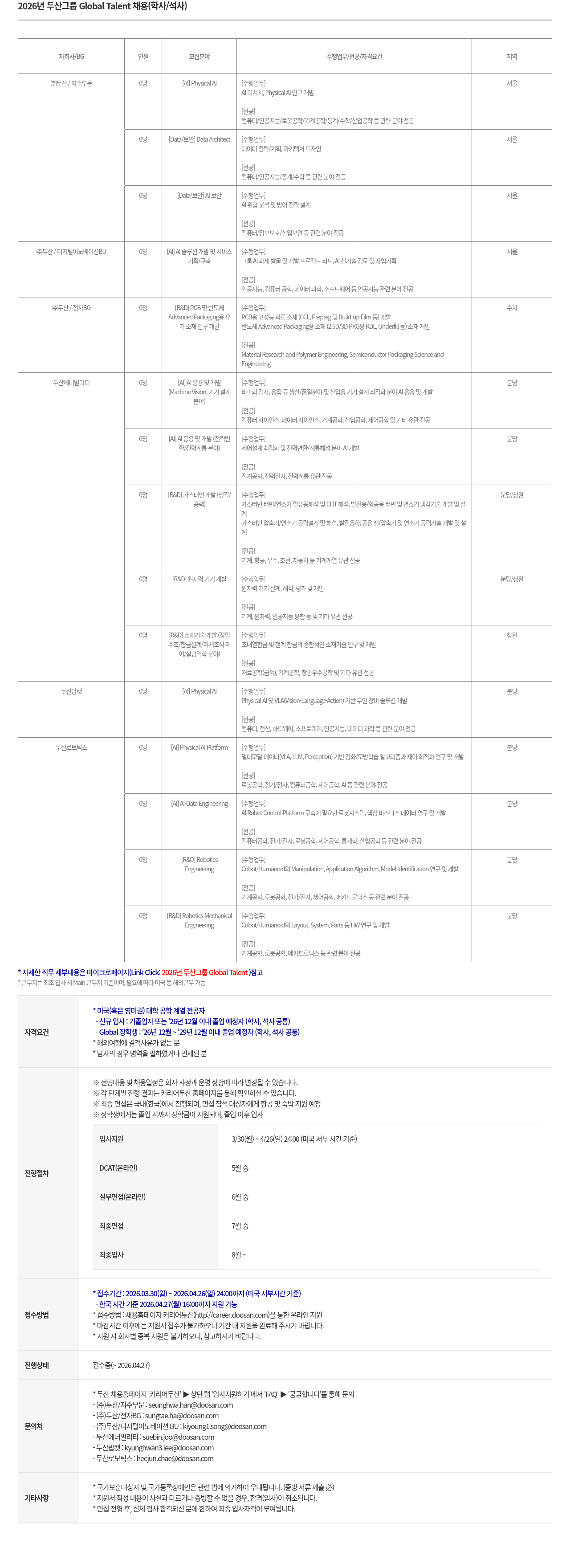 두산 2026년 두산그룹 Global Talent 채용 (학사/석사) 채용공고
