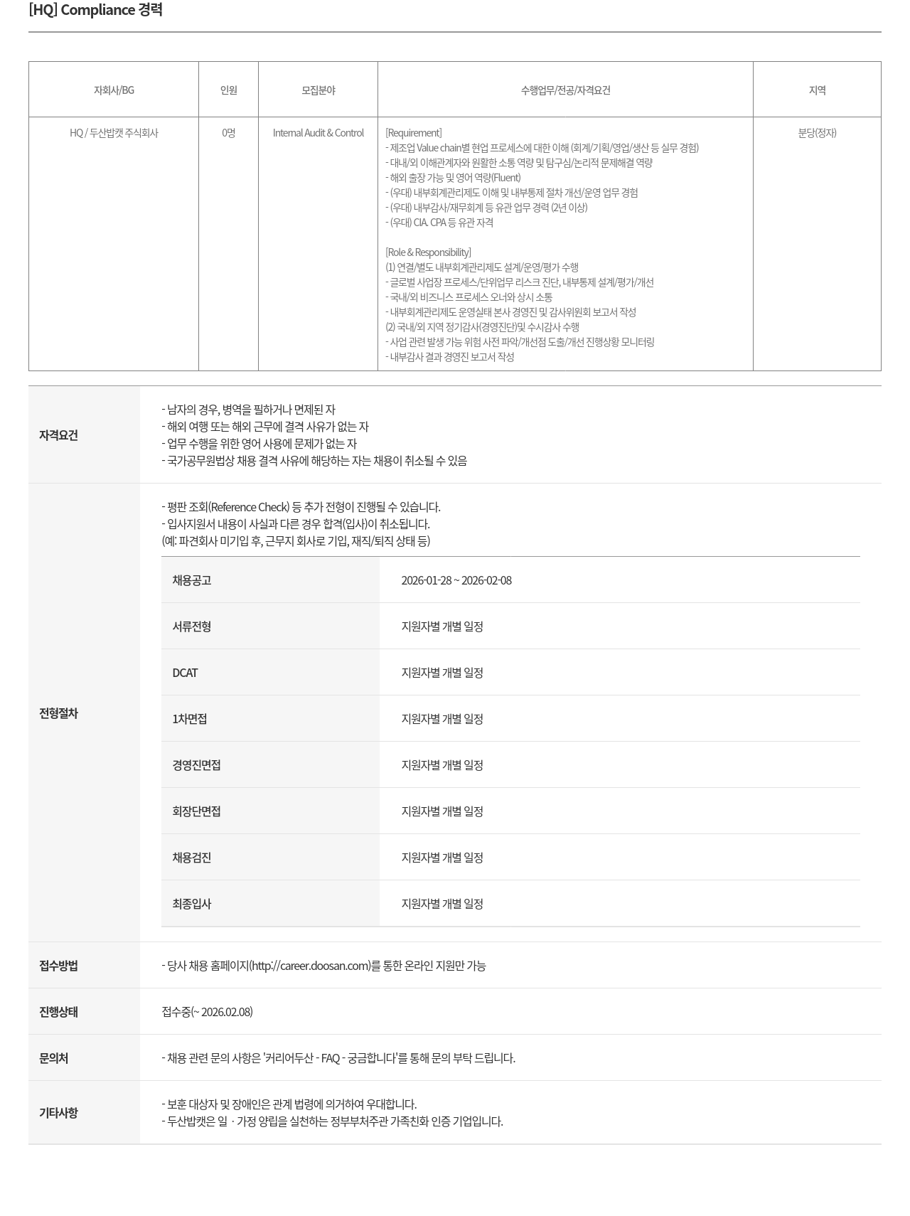두산밥캣 [두산밥캣] HQ Compliance (Internal Audit & Control) 경력 채용 채용공고