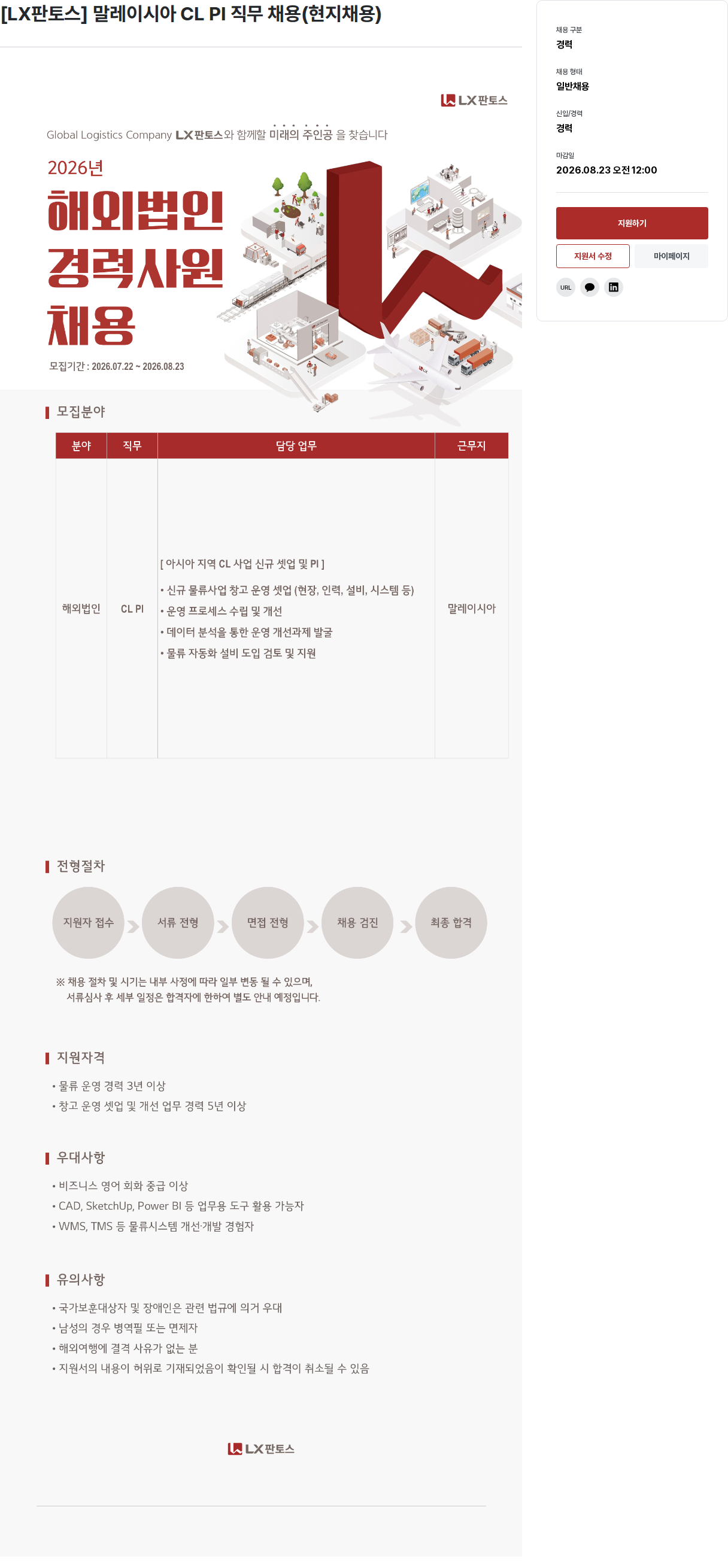 엘엑스홀딩스 말레이시아 CL PI 직무 채용(현지채용) 채용공고