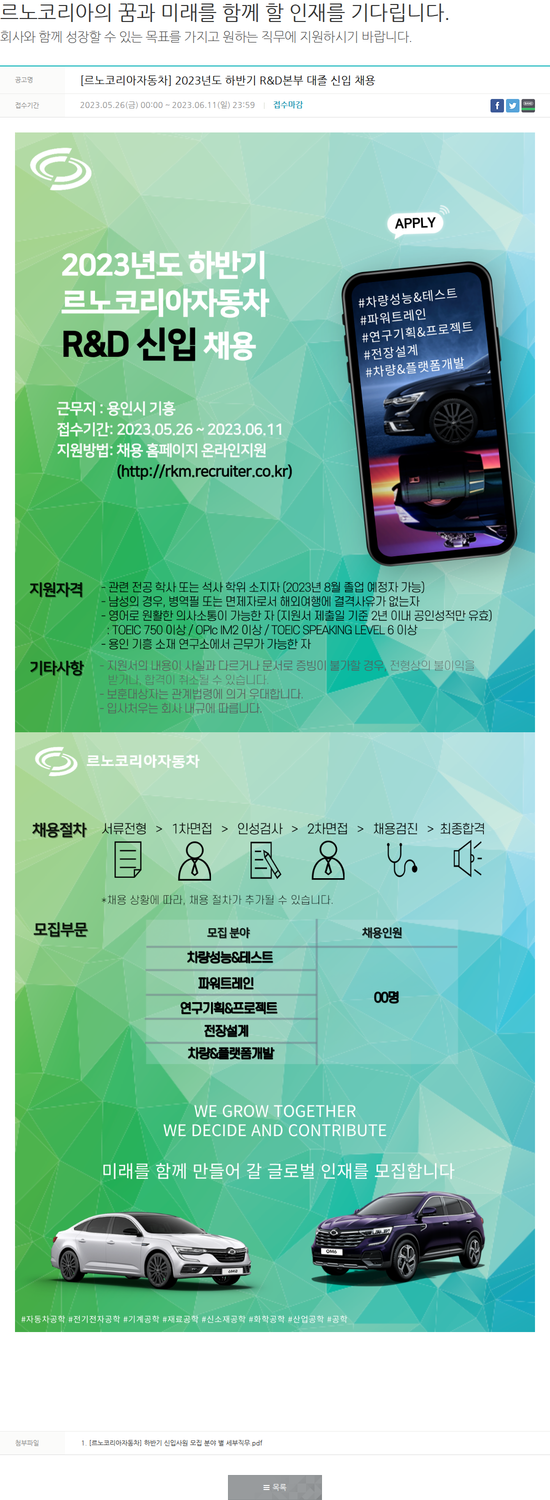 르노코리아 [르노코리아자동차] 2023년도 하반기 R&D본부 대졸 신입 채용 채용공고