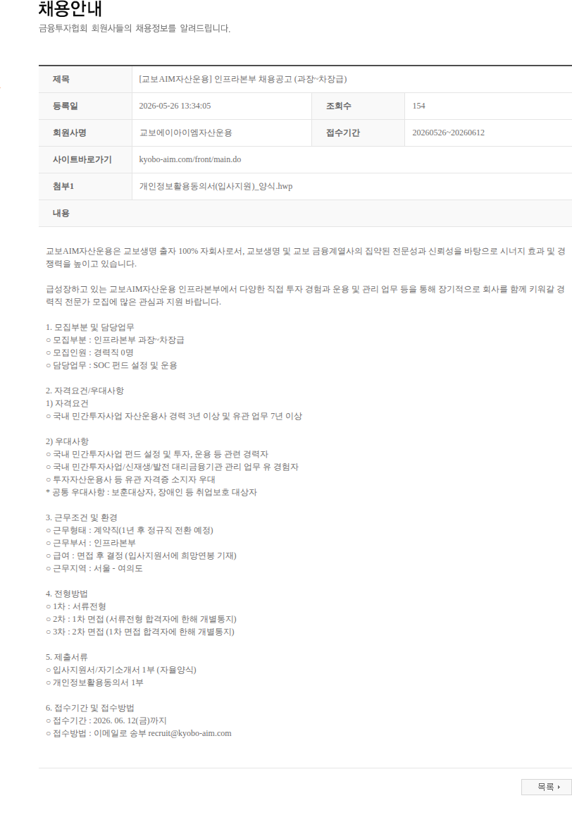 교보AIM자산운용 [교보AIM자산운용] 인프라본부 채용공고 (과장~차장급) 채용공고