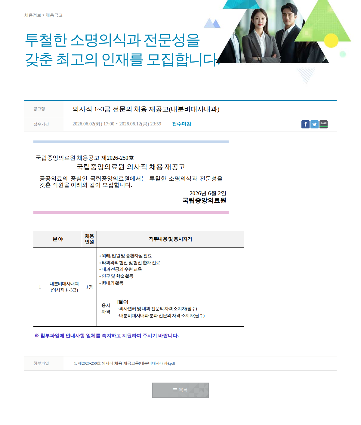 국립중앙의료원 의사직 1~3급 전문의 채용 재공고(내분비대사내과) 채용공고