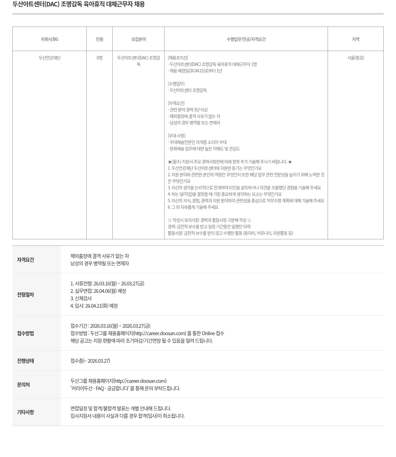 두산연강재단 두산 아트 센터 ( DAC ) 조명 감독 육아 휴직 대체 근무자 채용 채용공고