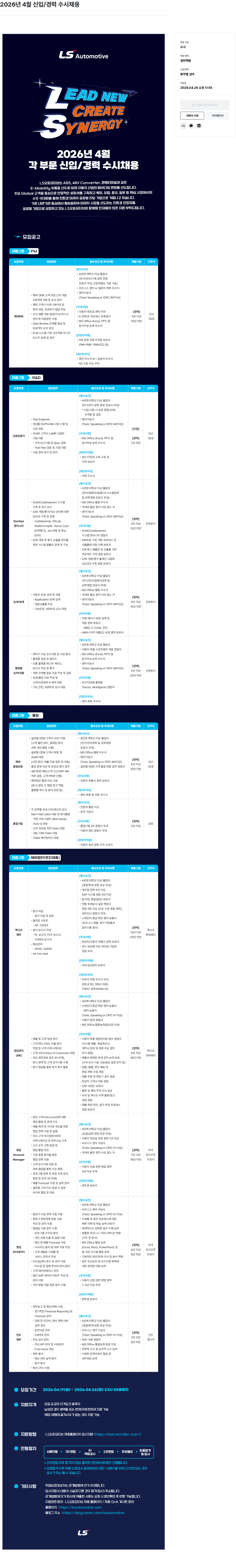LS오토모티브테크놀로지스 LS오토모티브 2026년 4월 각 부문 신입/경력 수시 채용 채용공고
