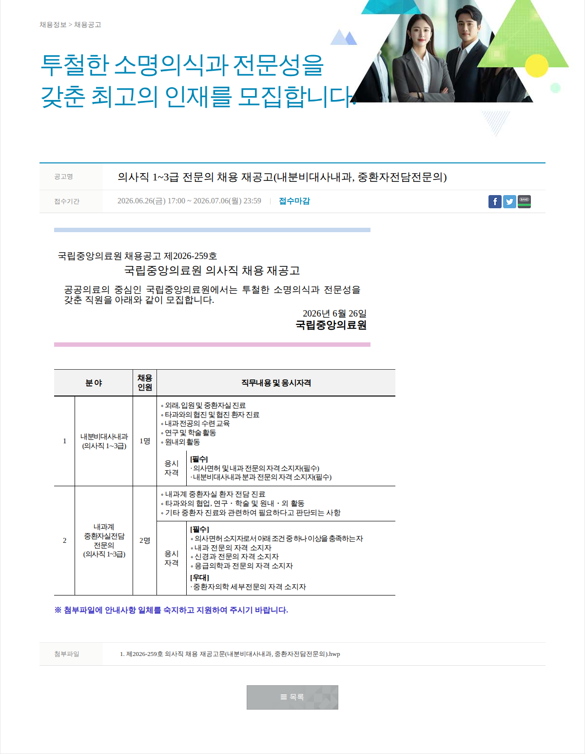 국립중앙의료원 의사직 1~3급 전문의 채용 재공고 채용공고