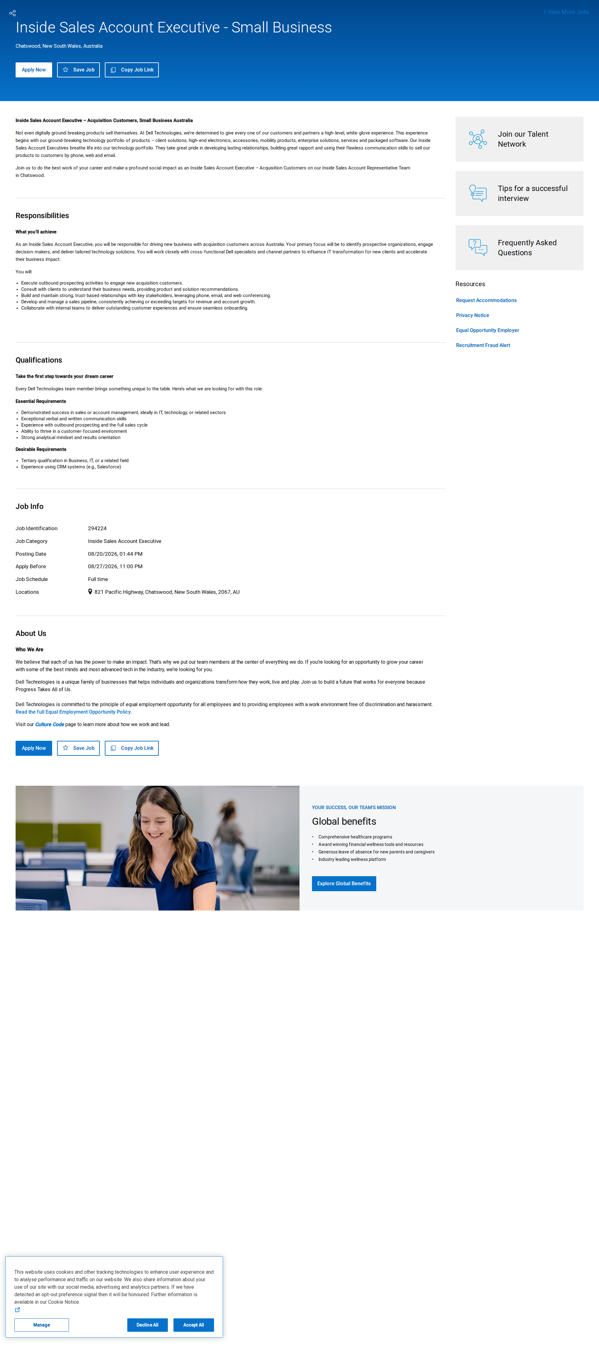 DELL Inside Sales Account Executive – Acquisition Customers, Small Business Australia 채용공고