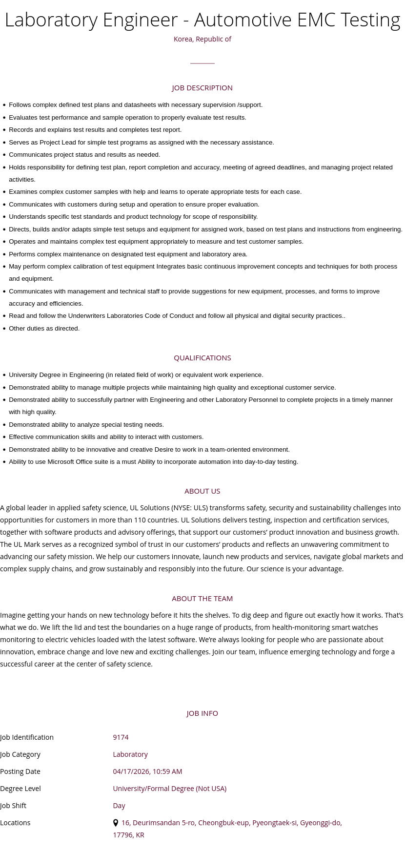 UL Solutions Laboratory Engineer - Automotive EMC Testing 채용공고