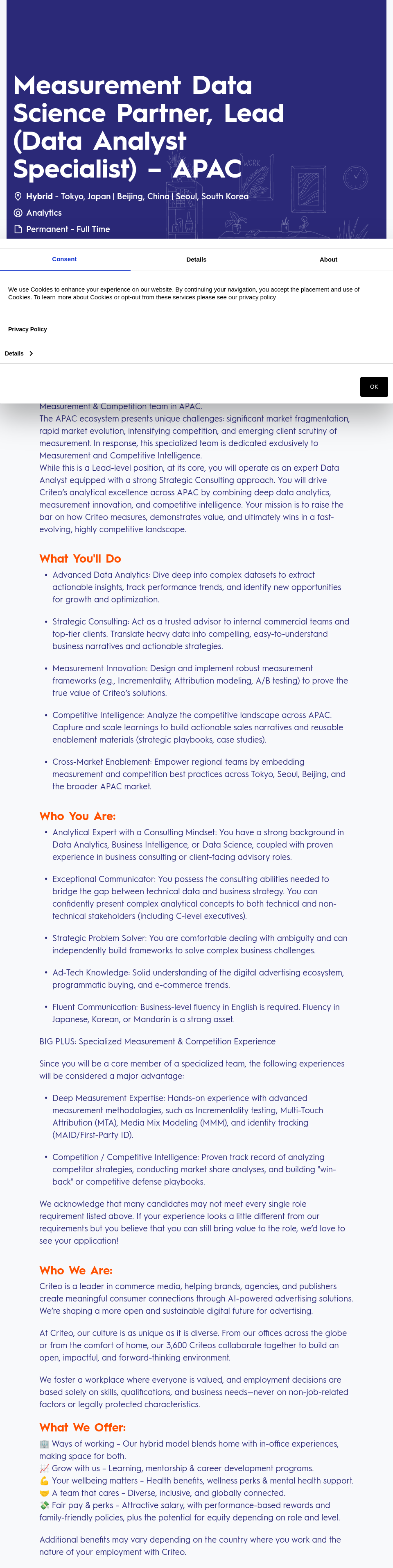 크리테오 Measurement Data Science Partner, Lead (Data Analyst Specialist) - APAC 채용공고