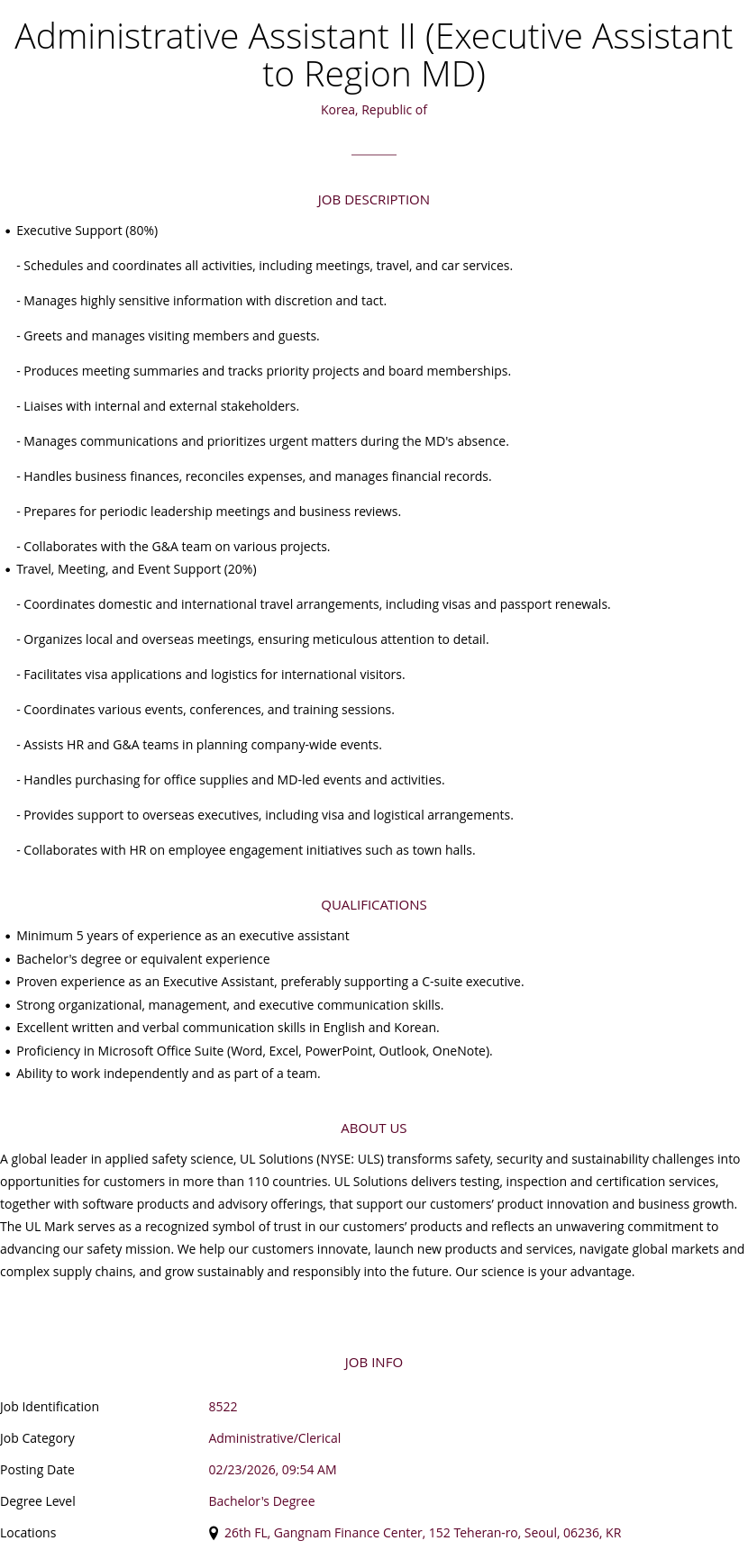 UL Solutions Administrative Assistant II ( Executive Assistant to Region MD ) 채용공고