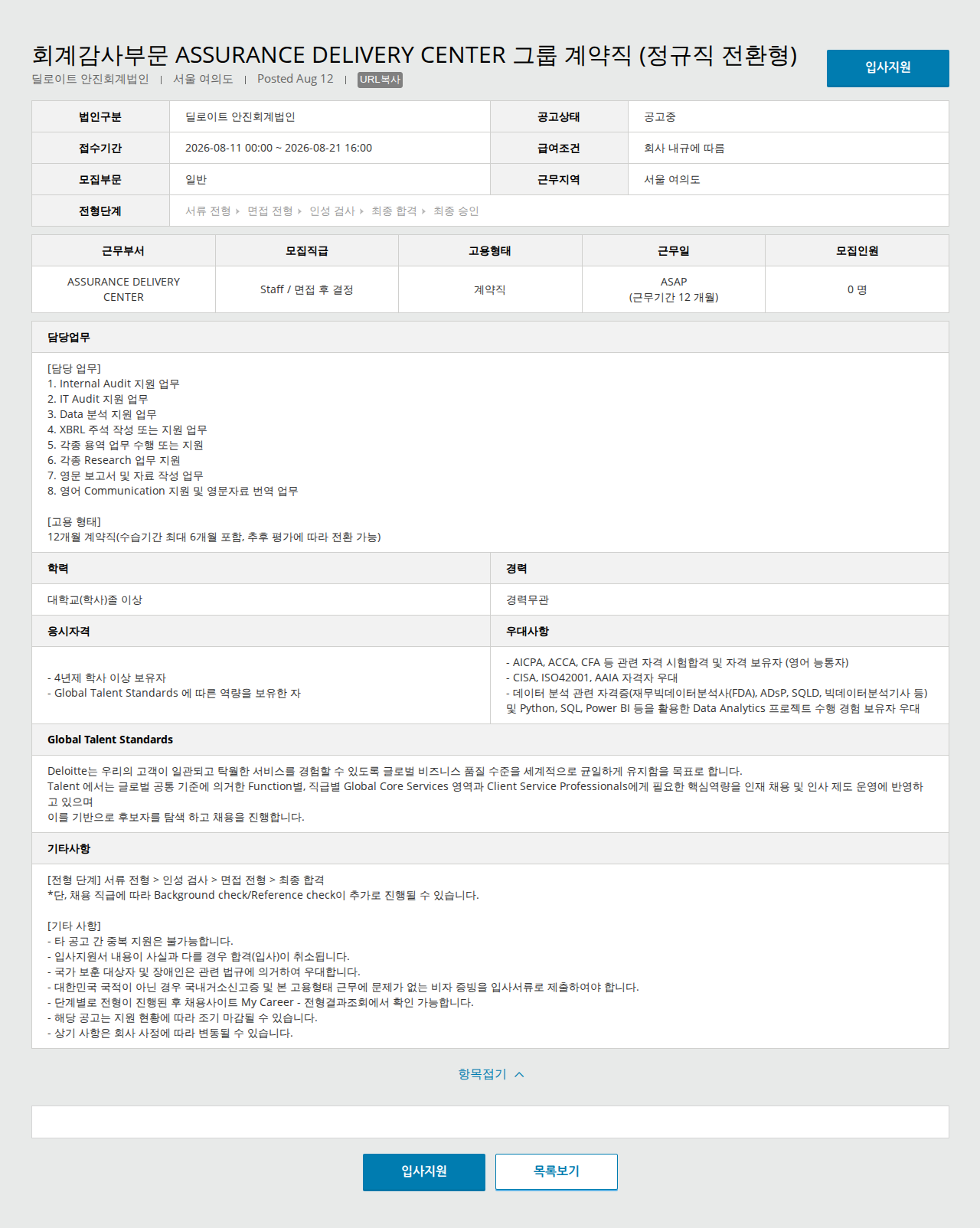 딜로이트안진 회계감사부문 ASSURANCE DELIVERY CENTER Staff 채용공고