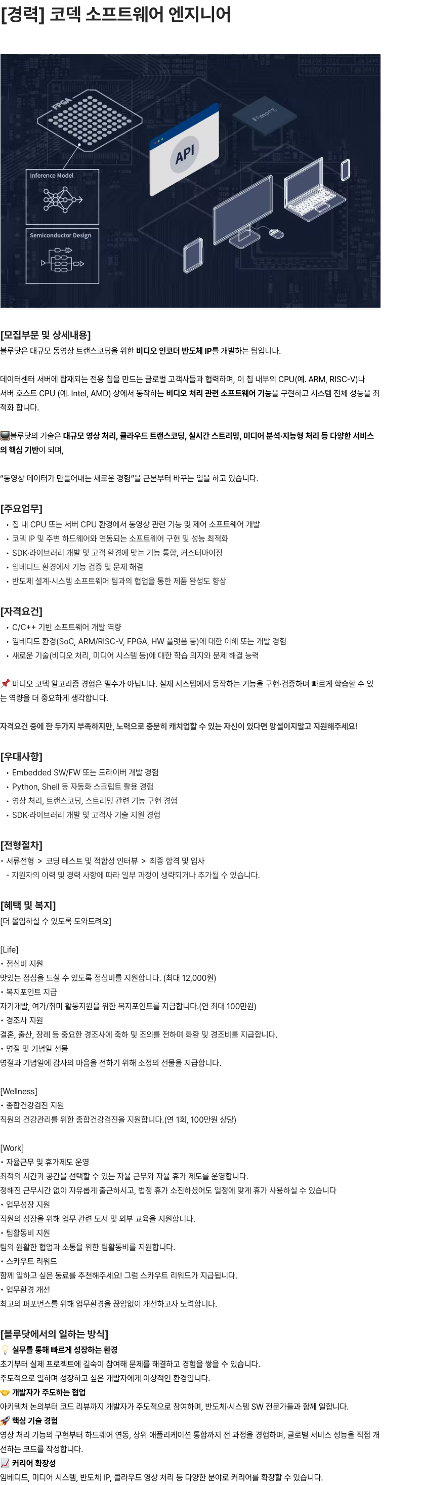 블루닷 경력 코덱 소프트웨어 엔지니어 채용공고