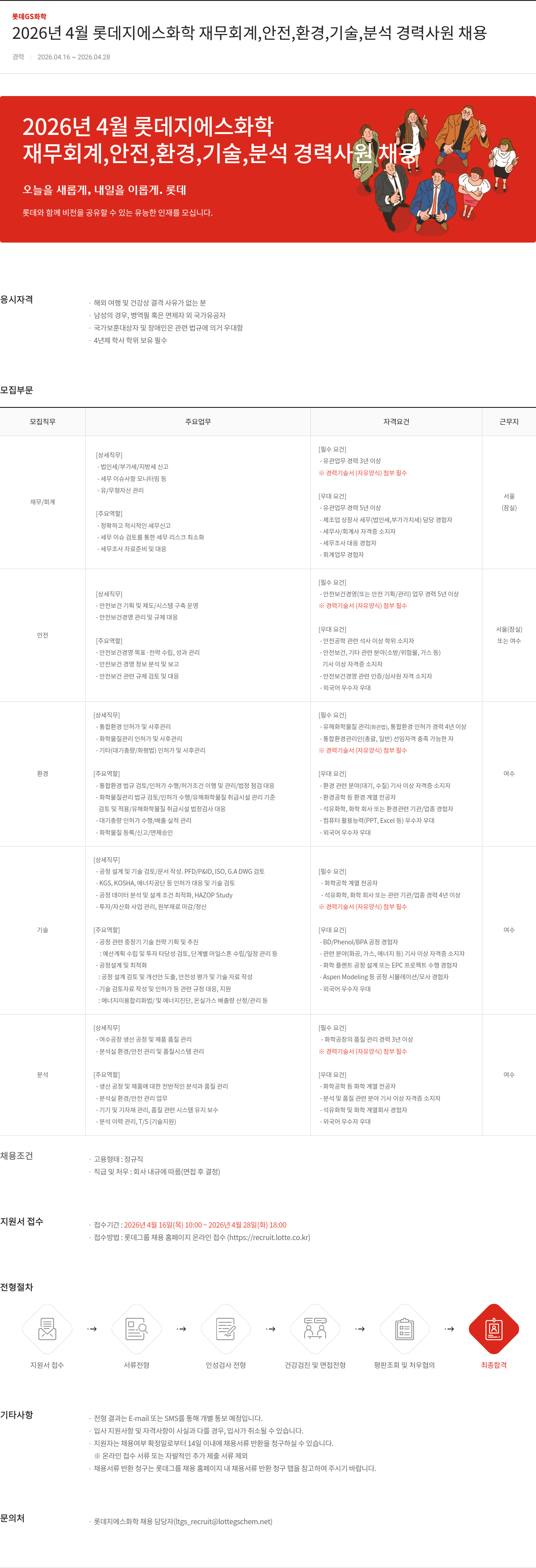 롯데지에스화학 2026년 4월 롯데지에스화학 재무회계, 안전, 환경, 기술, 분석 경력사원 채용 채용공고
