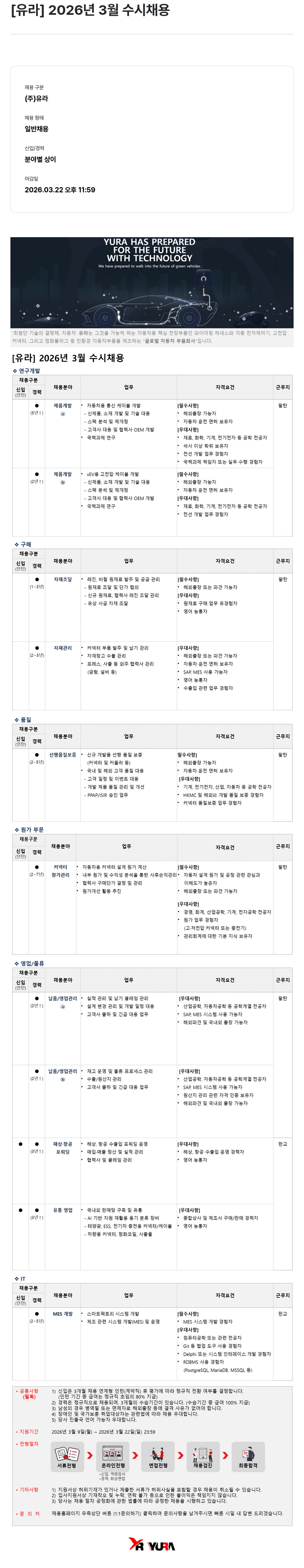 유라코퍼레이션 [유라] 2026년 3월 수시 채용 채용공고