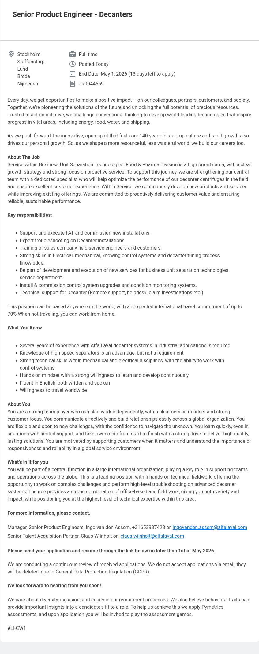 알파라발 Senior Product Engineer - Decanters 채용공고