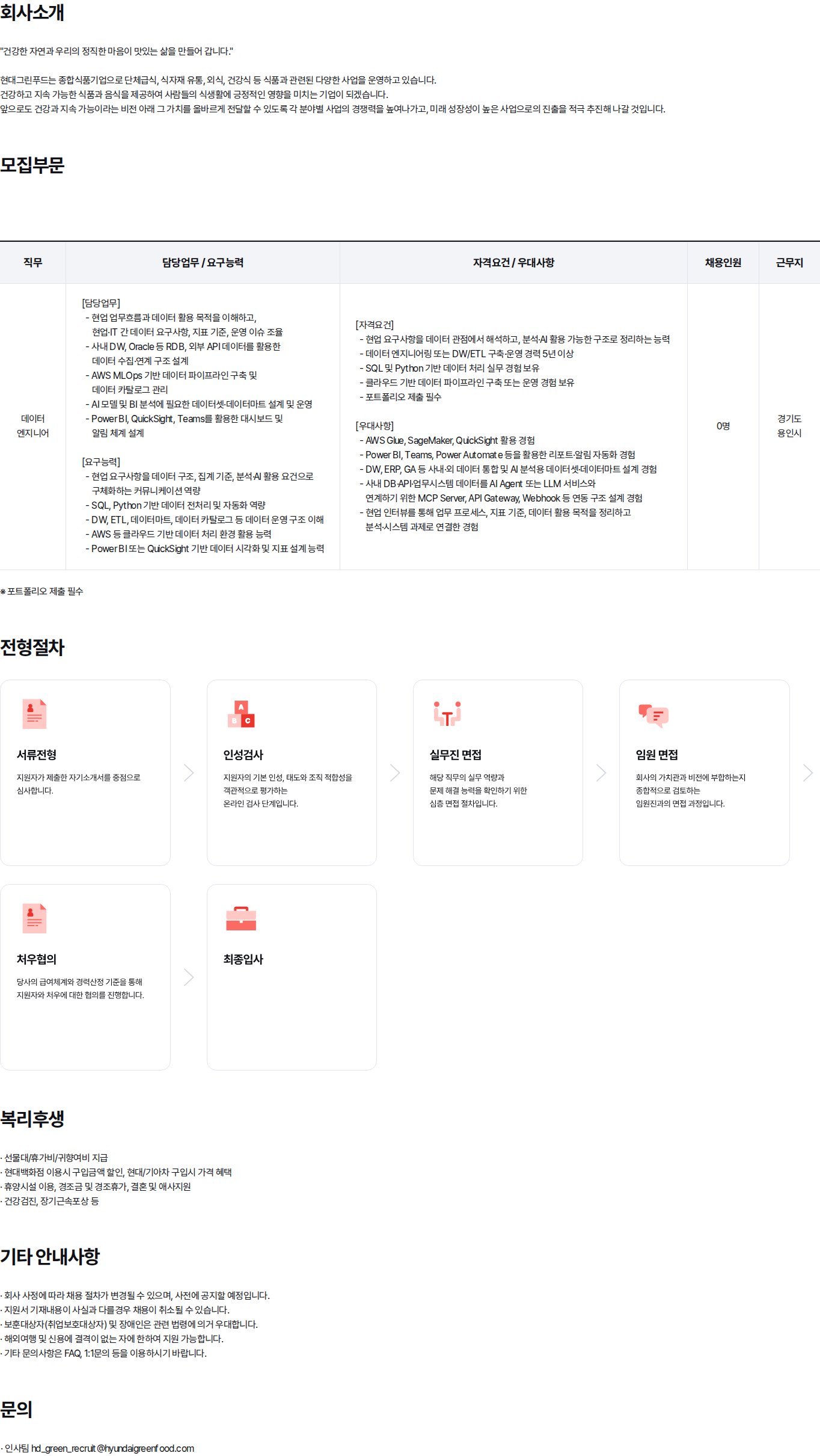 현대백화점 현대그린푸드 데이터 엔지니어 경력사원 채용 채용공고