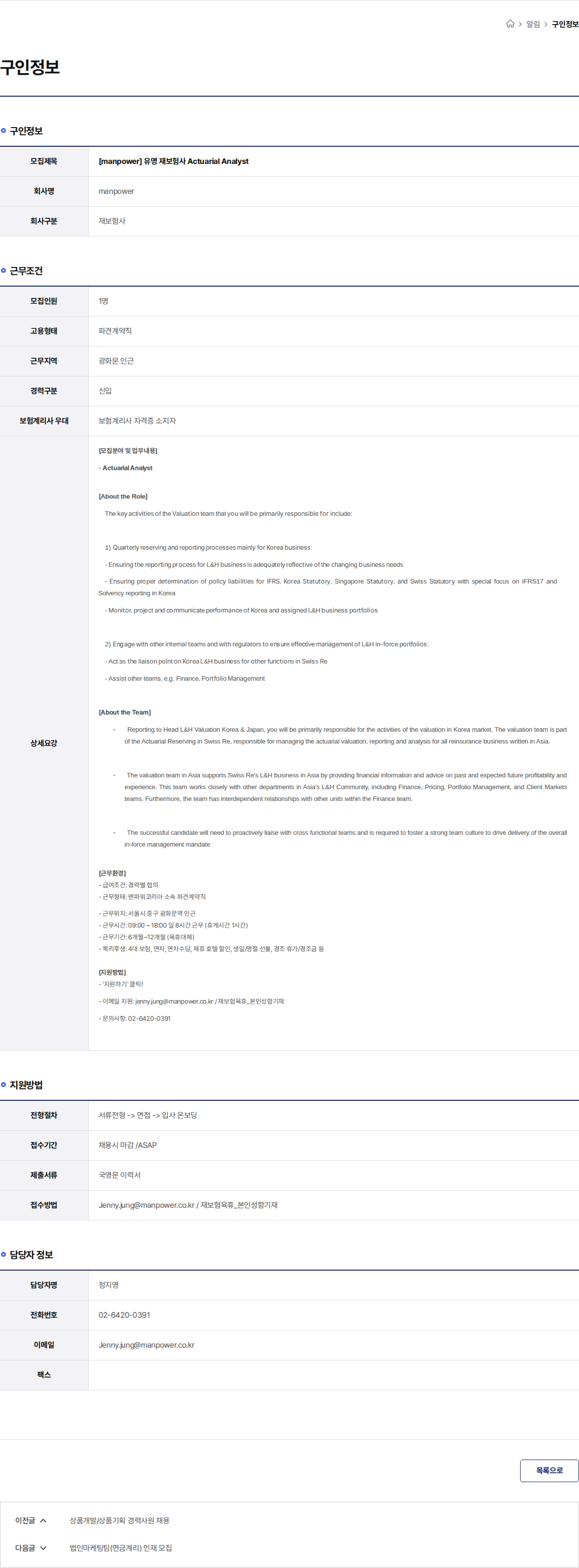 manpower [manpower] 유명 재보험사 Actuarial Analyst 채용공고
