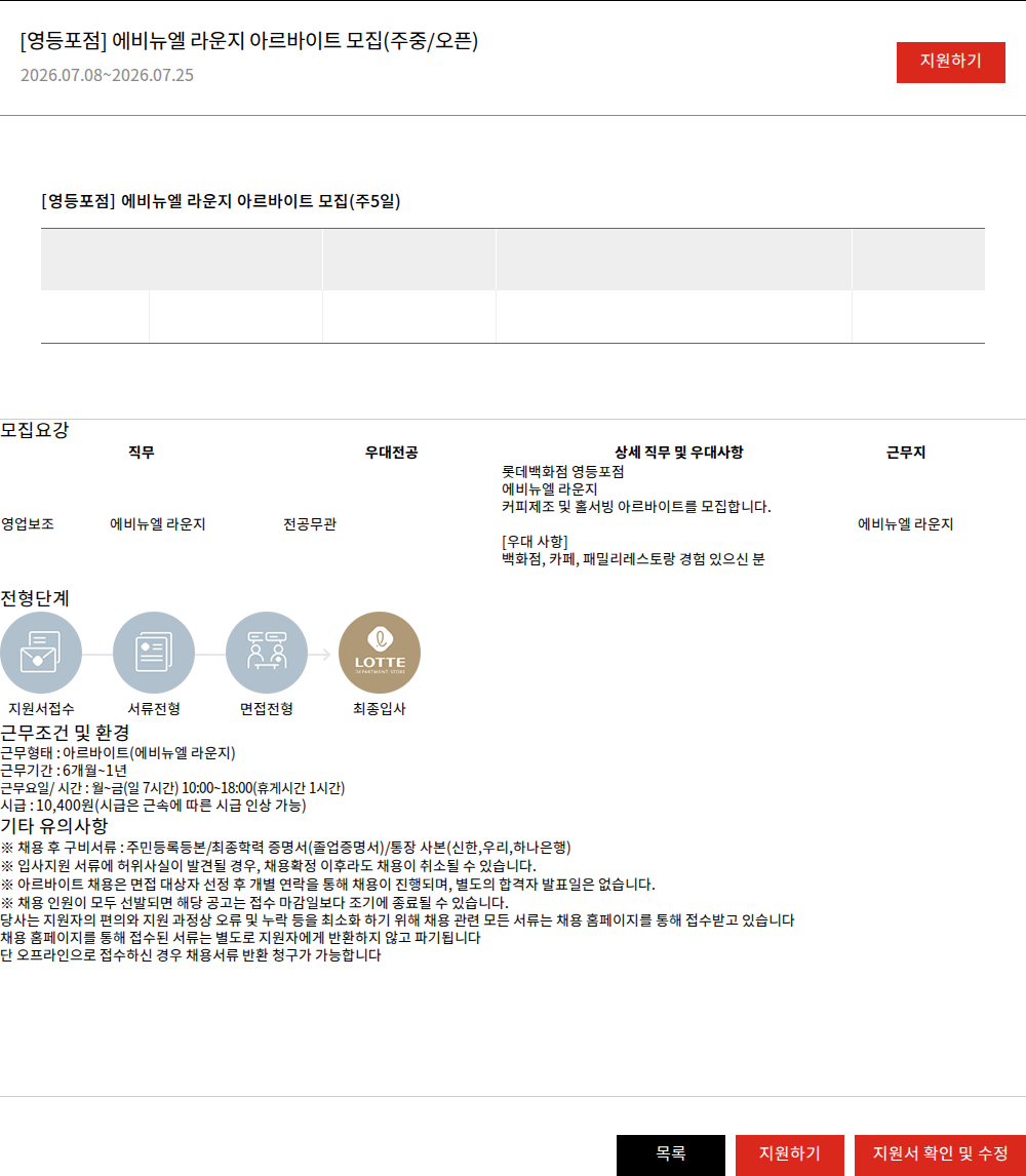 롯데쇼핑 [영등포점] 에비뉴엘 라운지 아르바이트 모집(주중/오픈) 채용공고