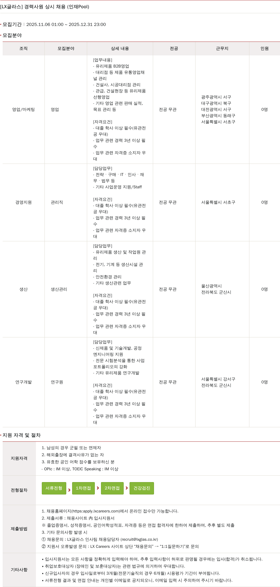 LX글라스 경력 사원 상시 채용 채용공고