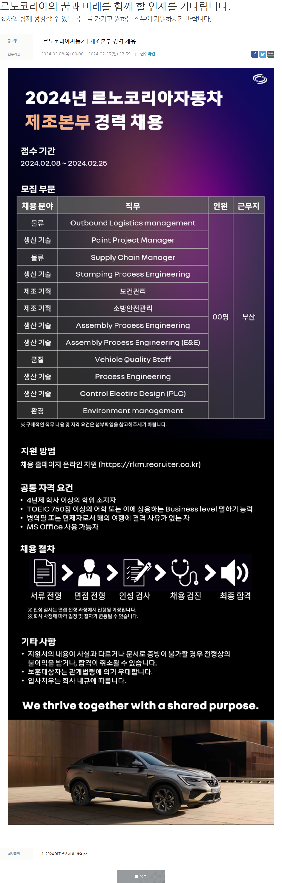 르노코리아 [르노코리아자동차] 제조본부 경력 채용 채용공고