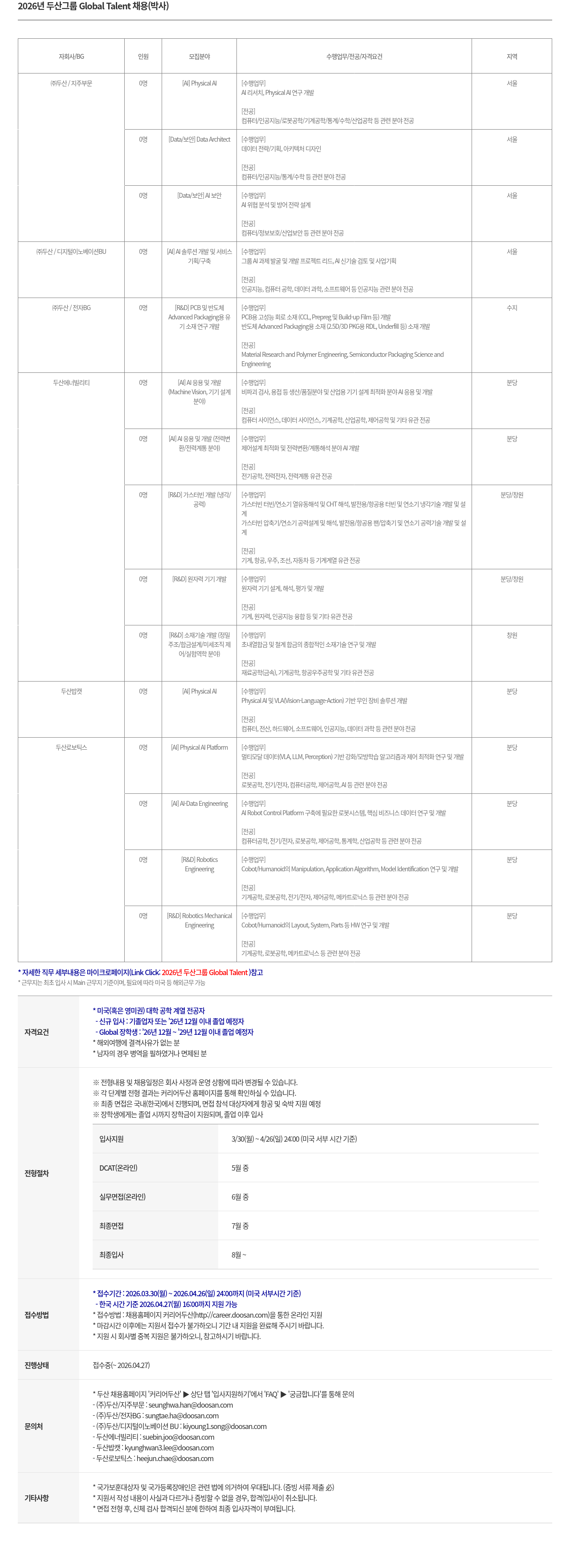 두산 2026년 두산그룹 Global Talent 채용 (박사) 채용공고