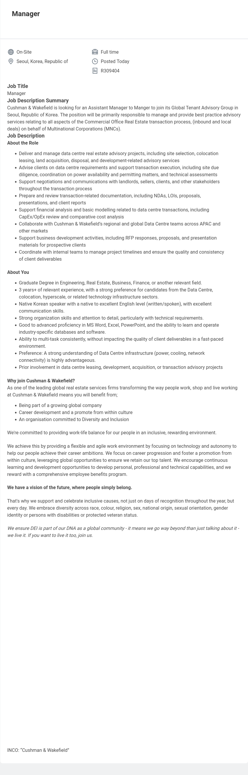 쿠시먼앤드웨이크필드 Manager - Global Tenant Advisory Group (Data Centre Advisory) 채용공고