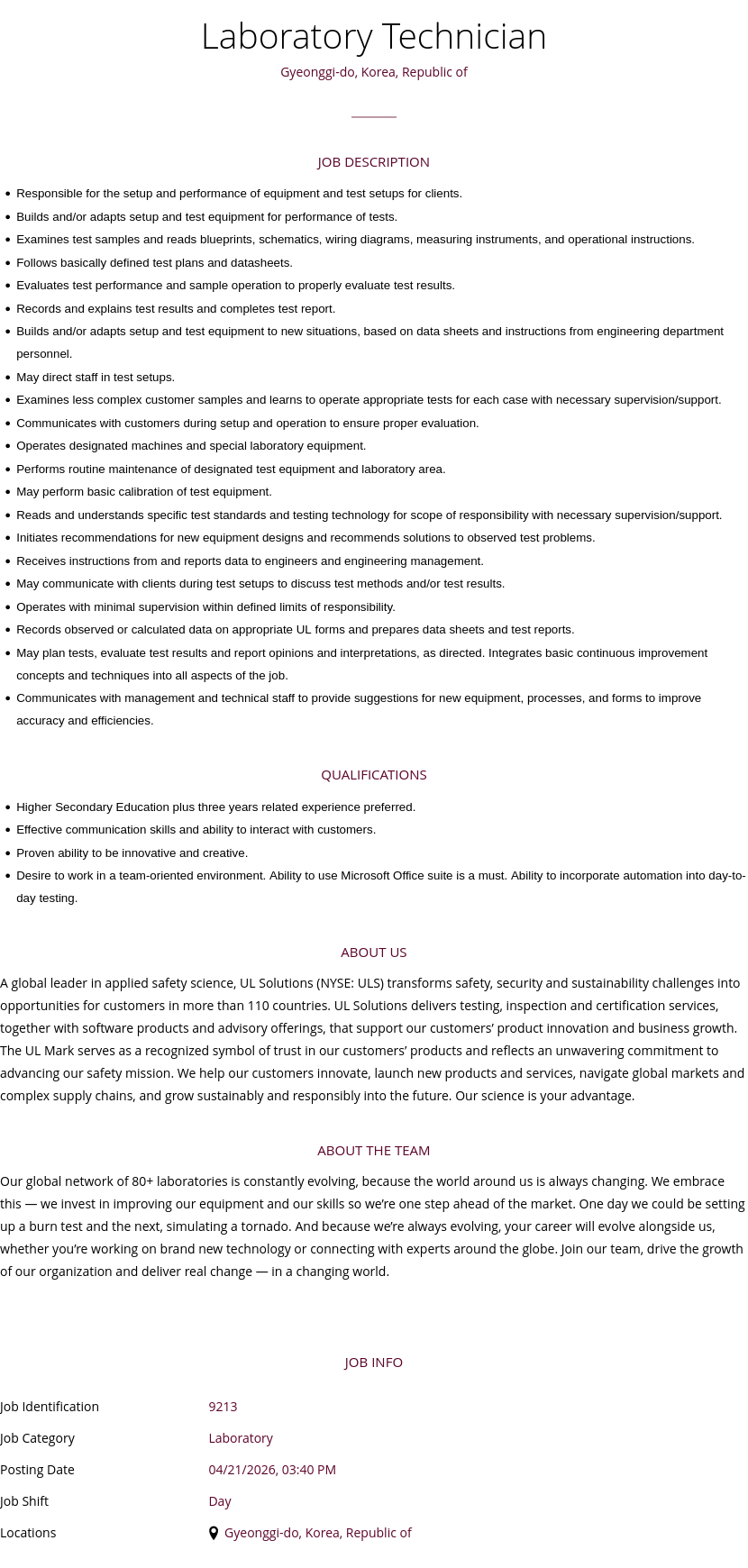 UL Solutions Laboratory Technician 채용공고