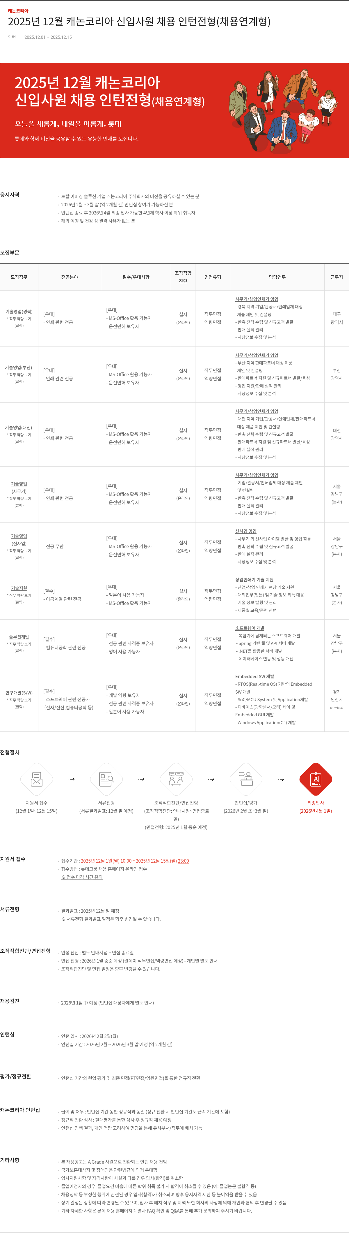 캐논코리아 캐논 코리아 신입 사원 채용 인턴 전형(채용 연계 형) 채용공고