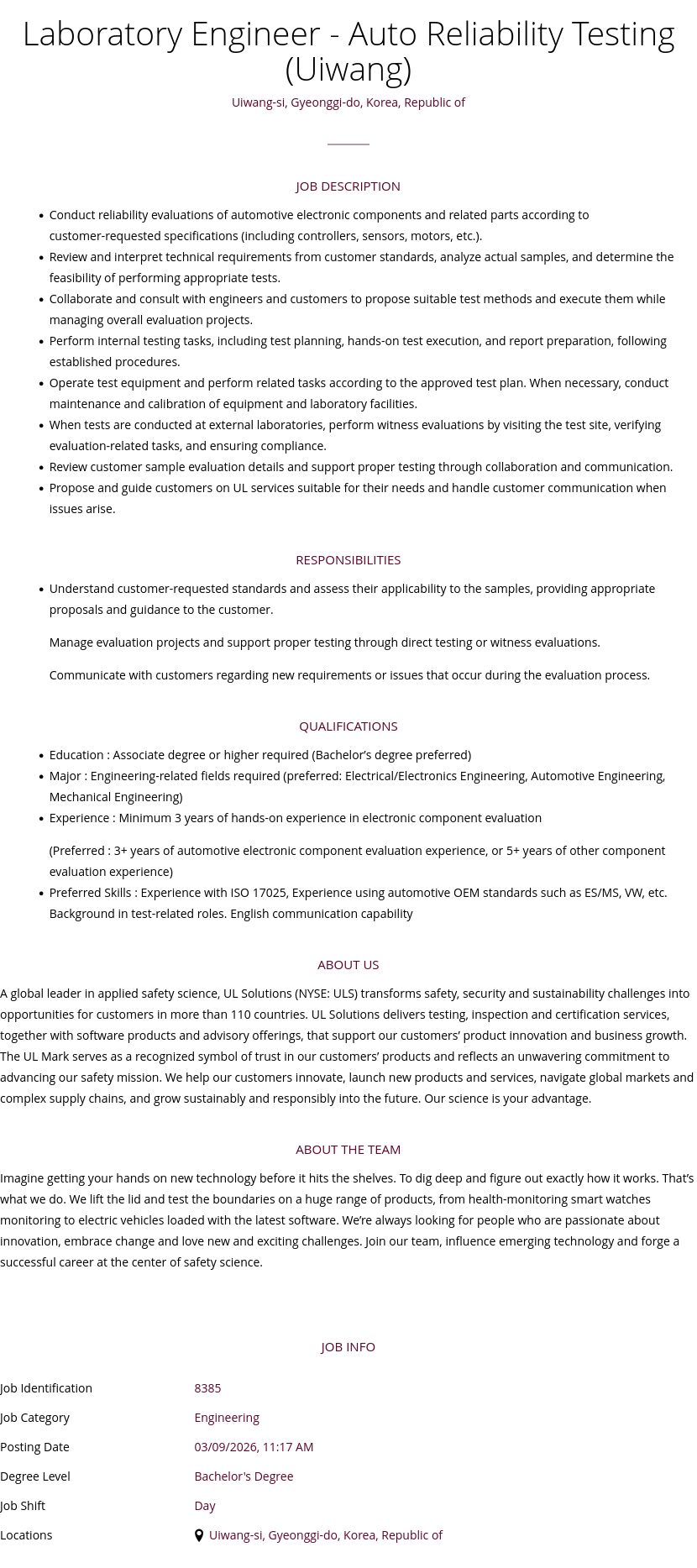 UL Solutions Laboratory Engineer - Auto Reliability Testing 채용공고
