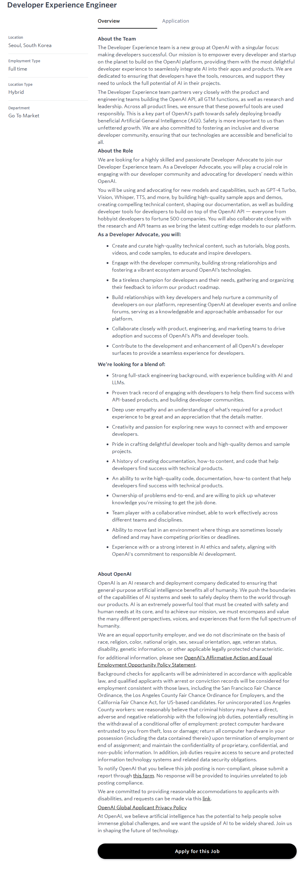 오픈에이아이(OpenAI) Developer Experience Engineer 채용공고