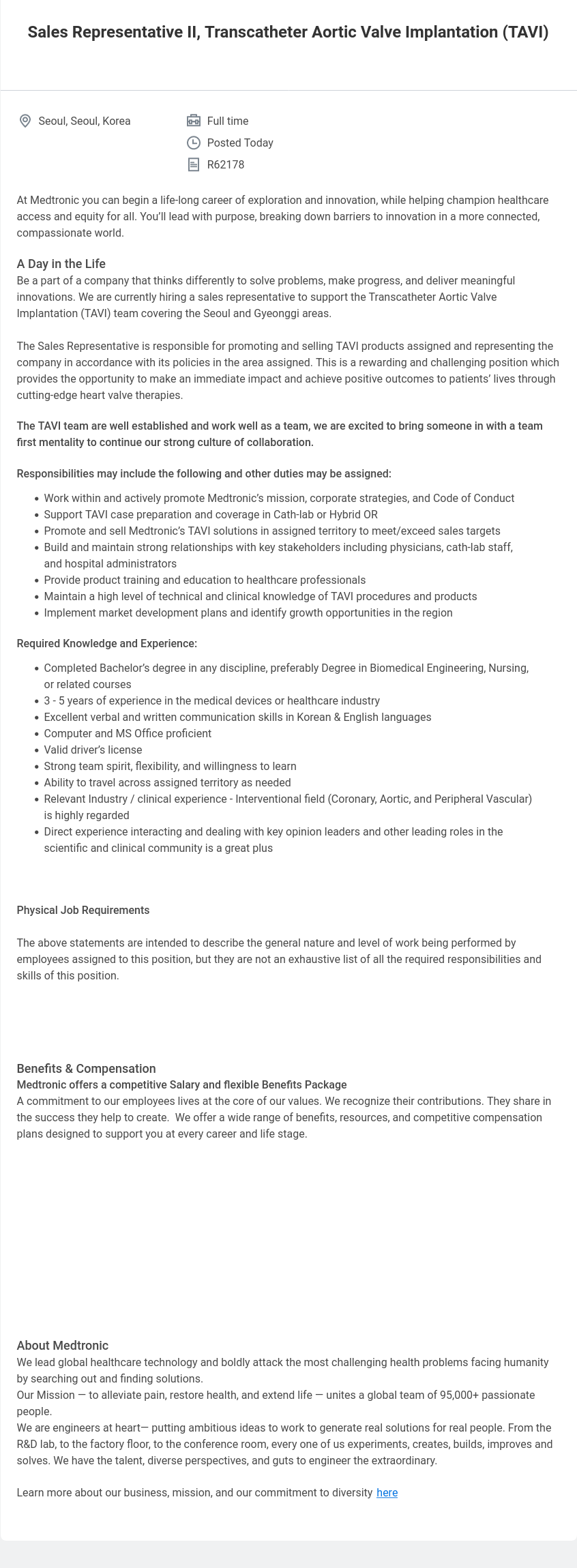 메드트로닉 Sales Representative II, Transcatheter Aortic Valve Implantation (TAVI) 채용공고