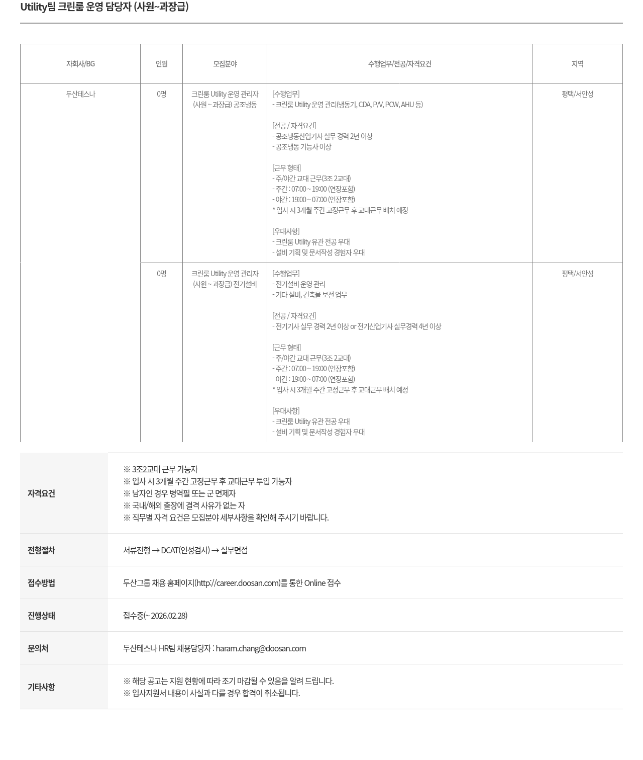 두산테스나 크린룸 Utility 운영 담당자 채용공고