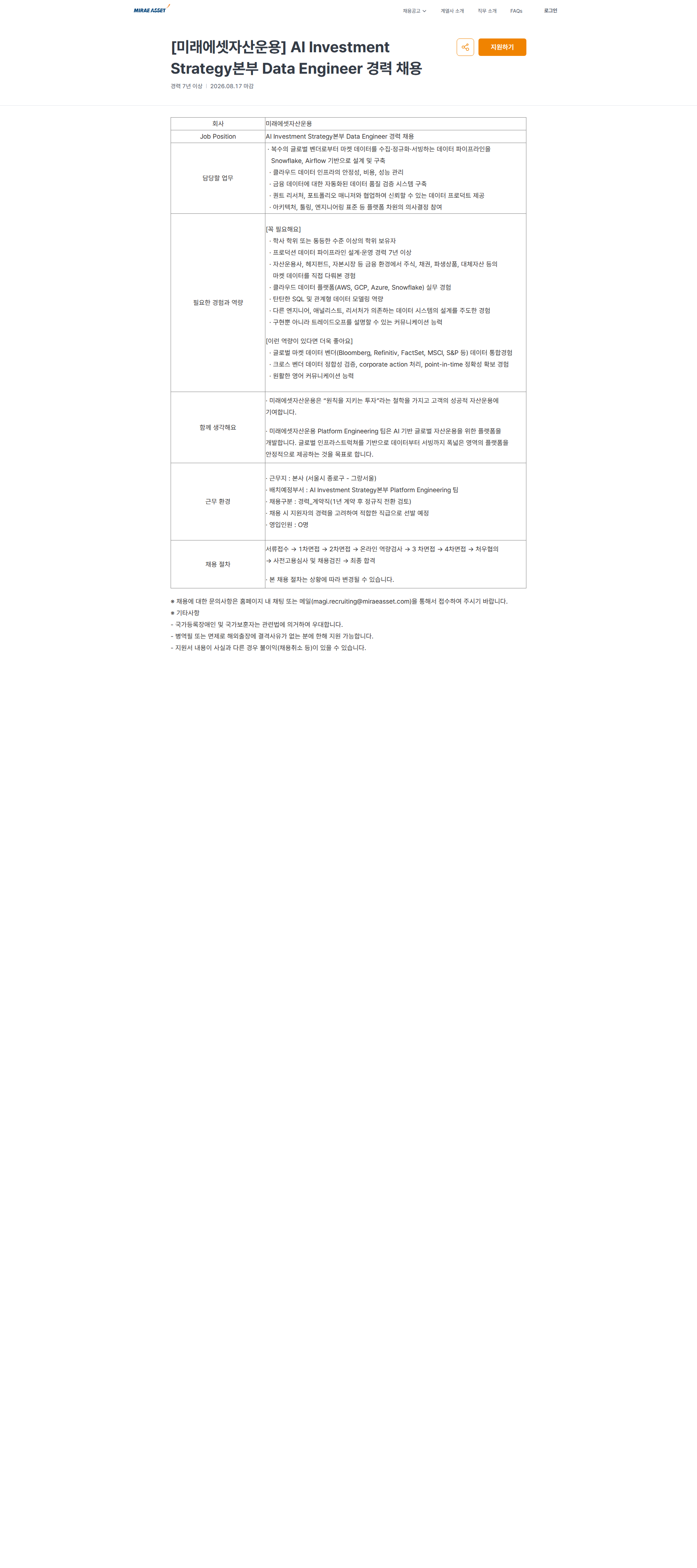미래에셋증권 [미래에셋자산운용] AI Investment Strategy본부 Data Engineer 경력 채용 | 미래에셋 채용공고