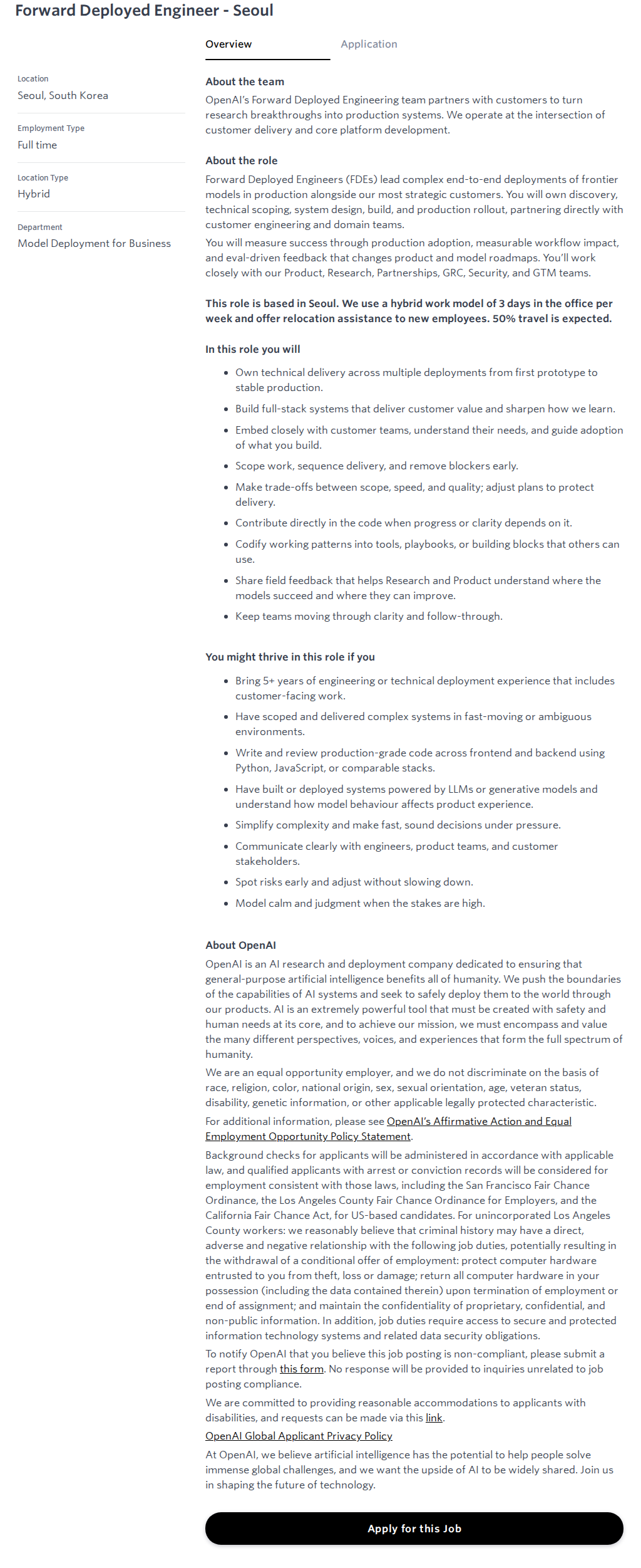 오픈에이아이(OpenAI) Forward Deployed Engineer - Seoul 채용공고