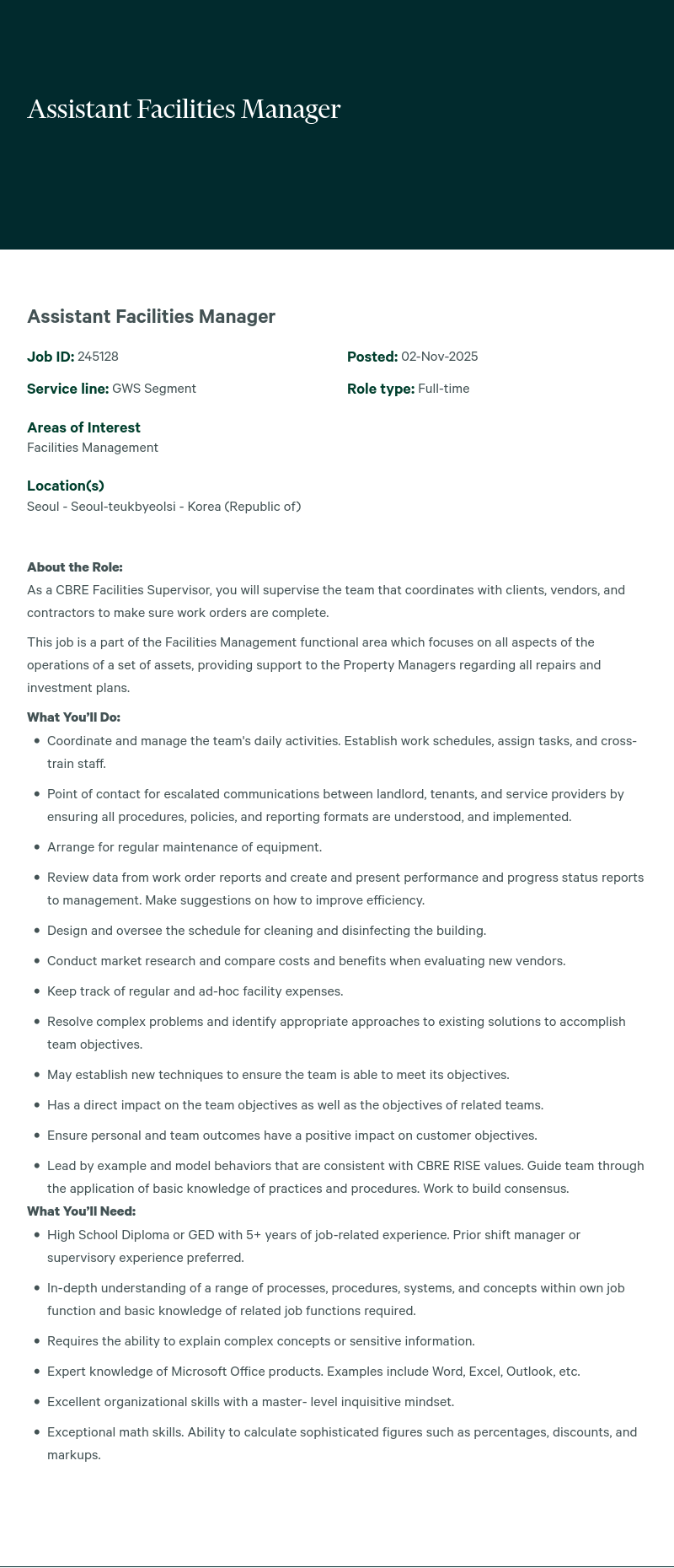 CBRE코리아 Assistant Facilities Manager 채용공고