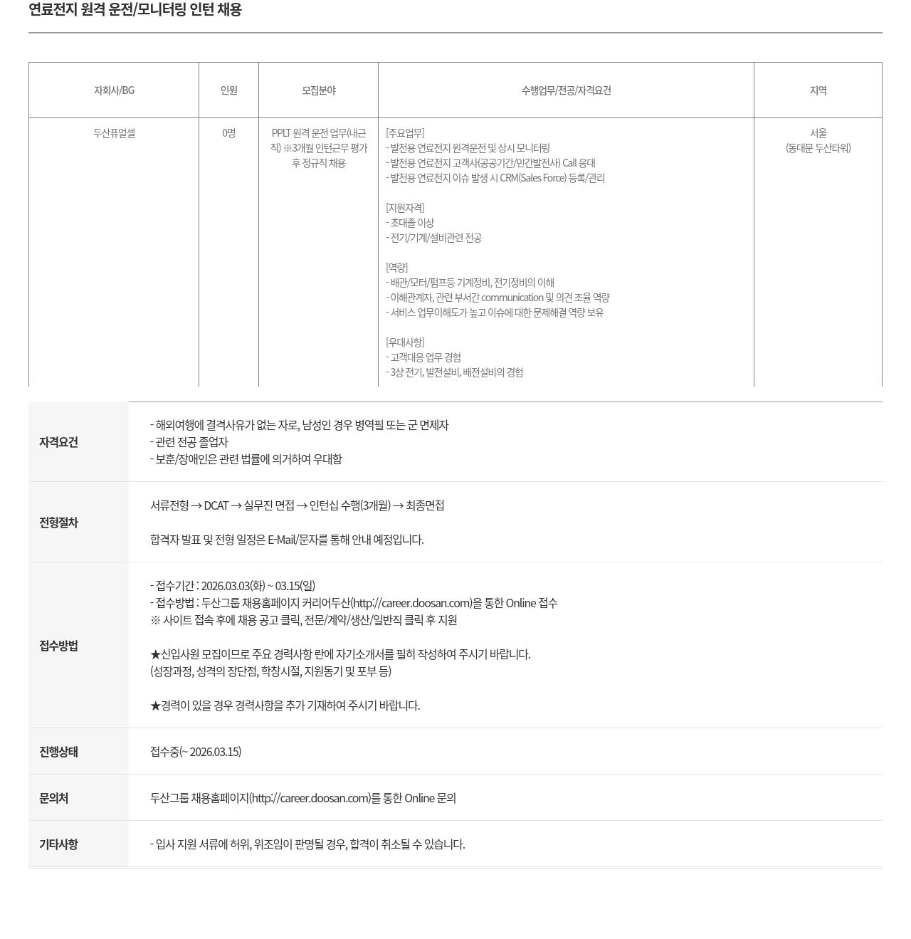 두산퓨얼셀 연료 전지 원격 운전 / 모니터링 인턴 채용 채용공고