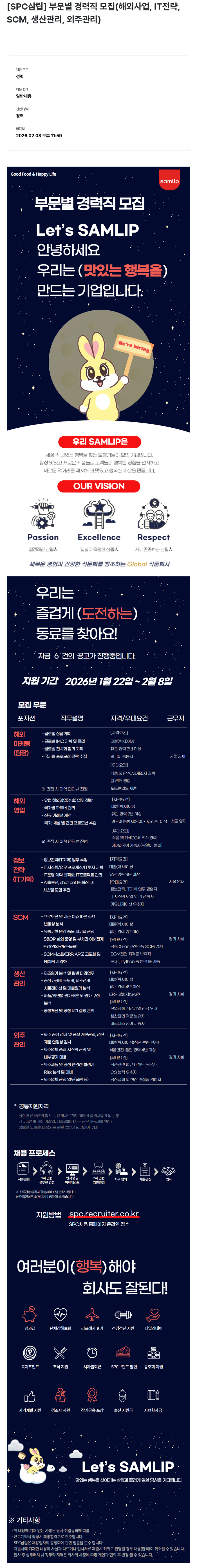 SPC삼립 [SPC삼립] 부문별 경력직 모집 (해외사업, IT전략, SCM, 생산관리, 외주관리) 채용공고