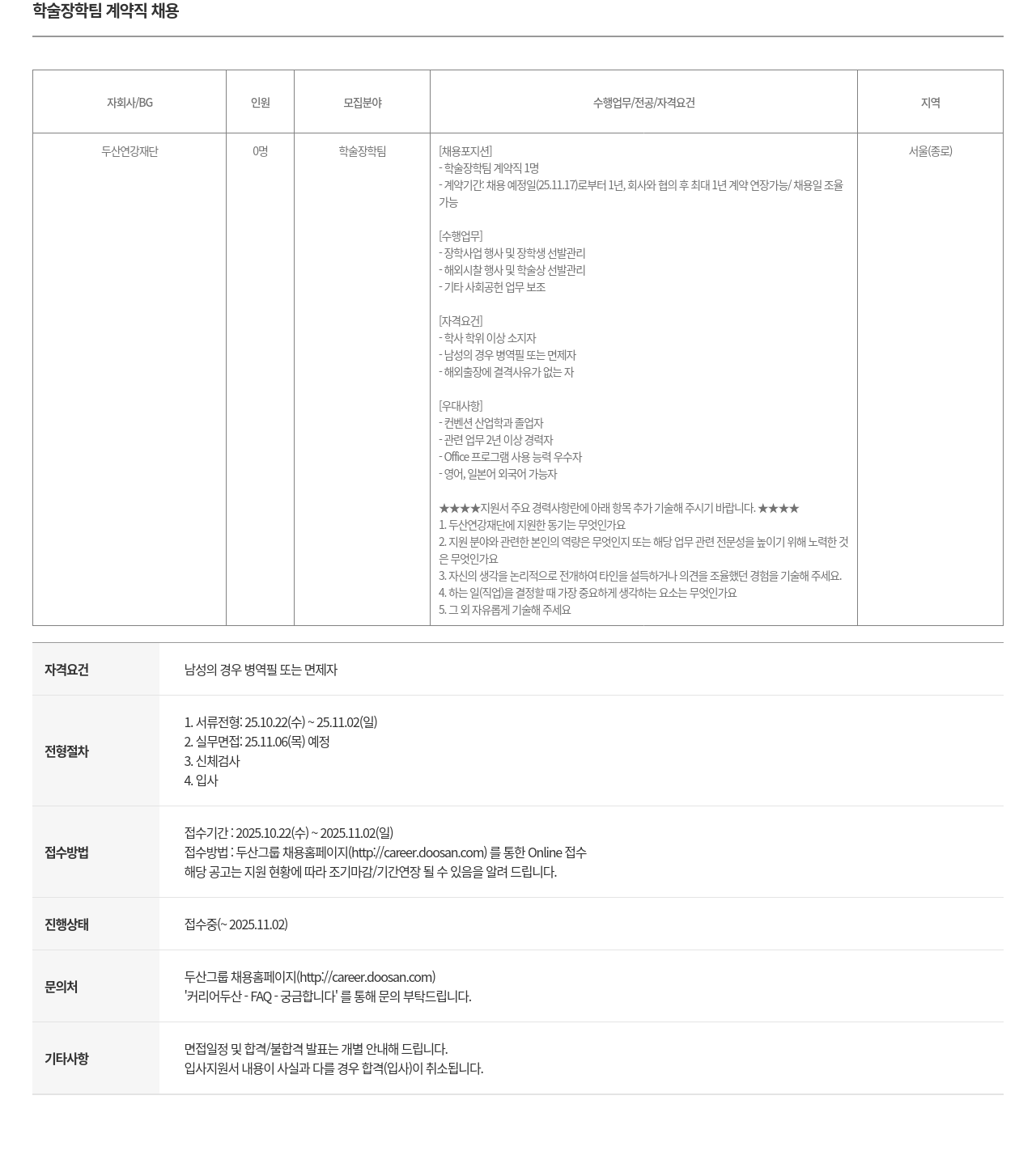 두산연강재단 학술 장학 팀 계약직 채용 채용공고