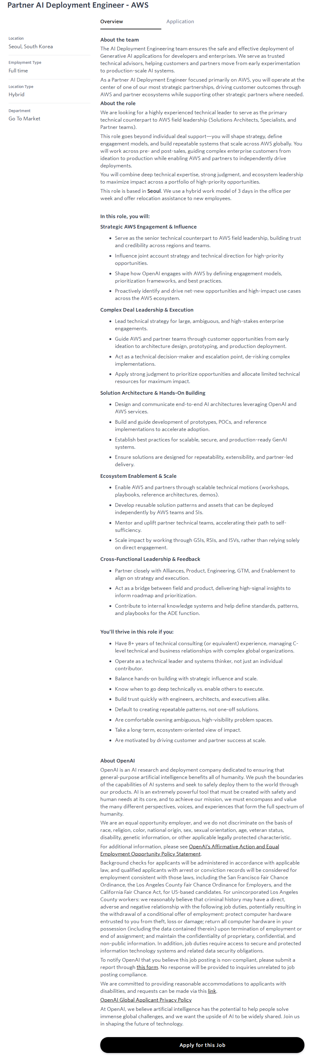 오픈에이아이(OpenAI) Partner AI Deployment Engineer - AWS 채용공고