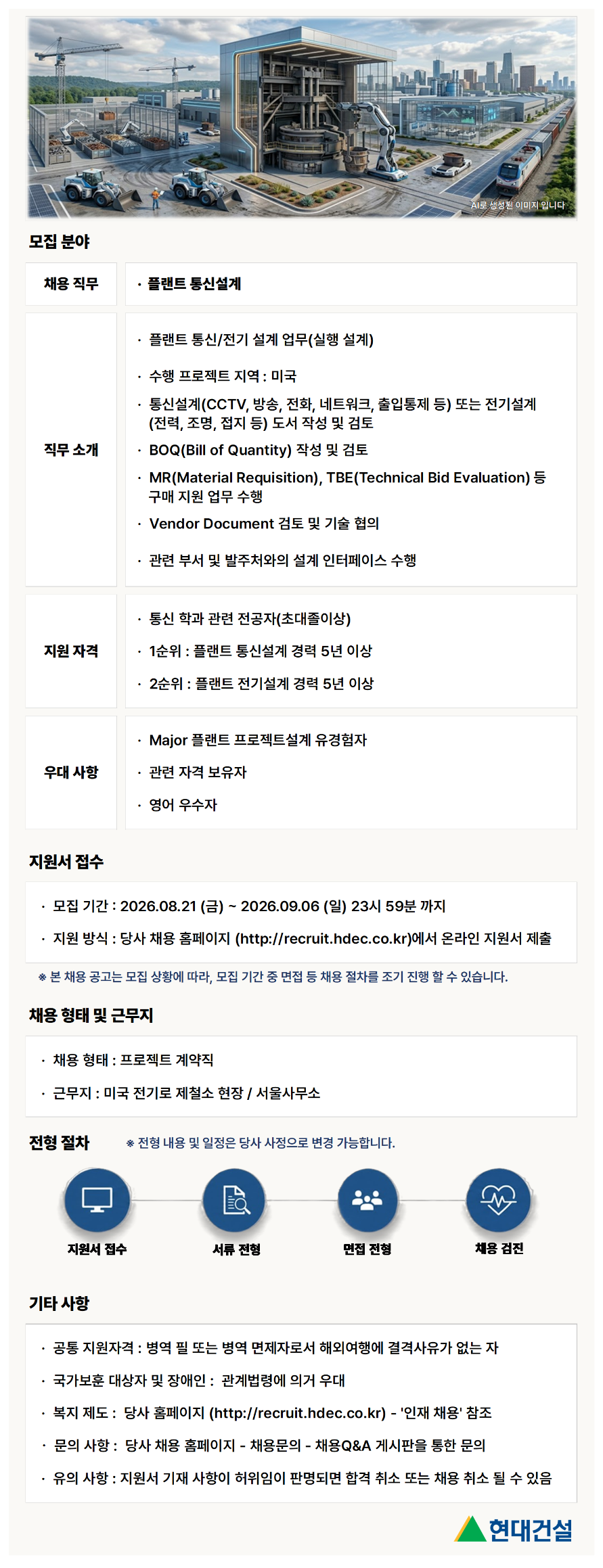 현대건설 Plant Telecom Engineering 채용공고