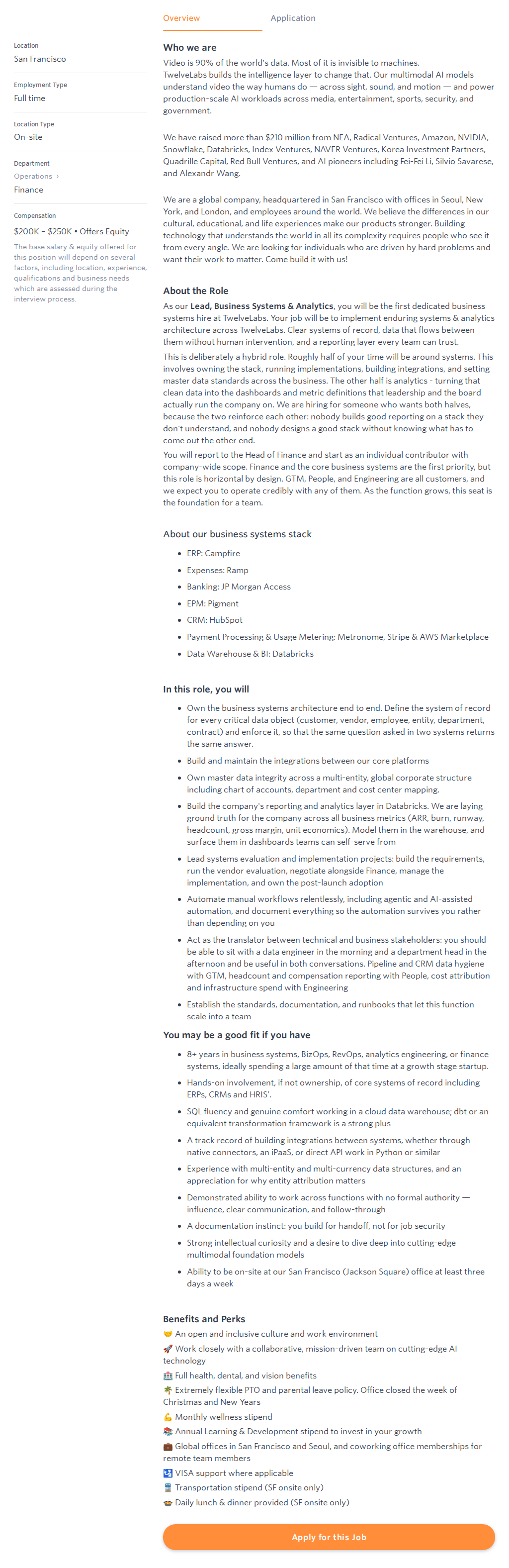 트웰브랩스 Business Systems & Analytics Lead 채용공고