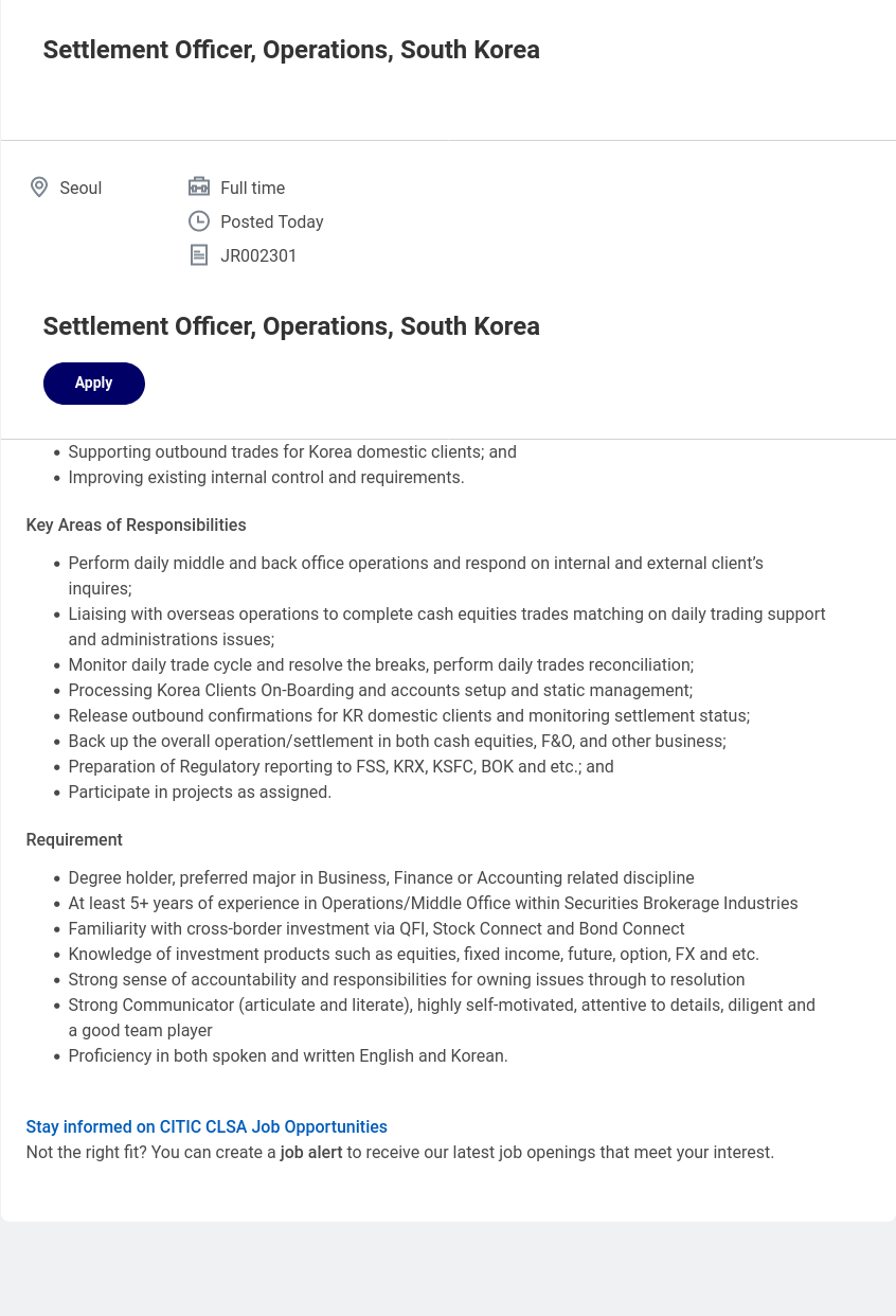 CLSA코리아증권 Settlement Officer, Operations, South Korea 채용공고