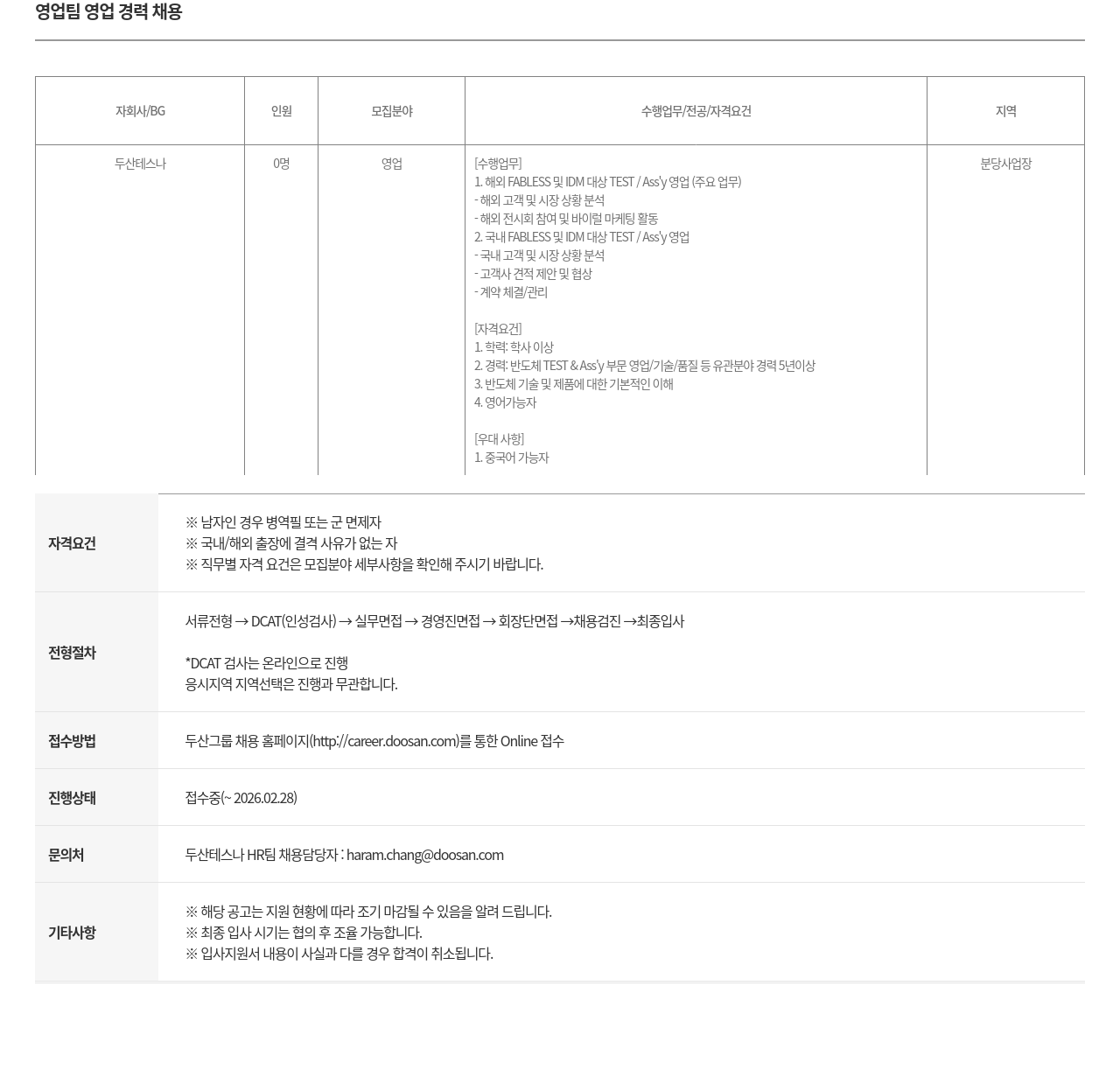 두산테스나 영업팀 영업 경력 채용 채용공고