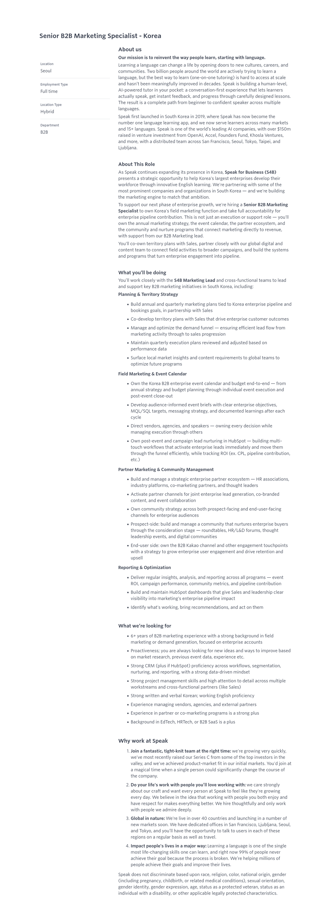 스픽 Senior B2B Marketing Specialist - Korea 채용공고