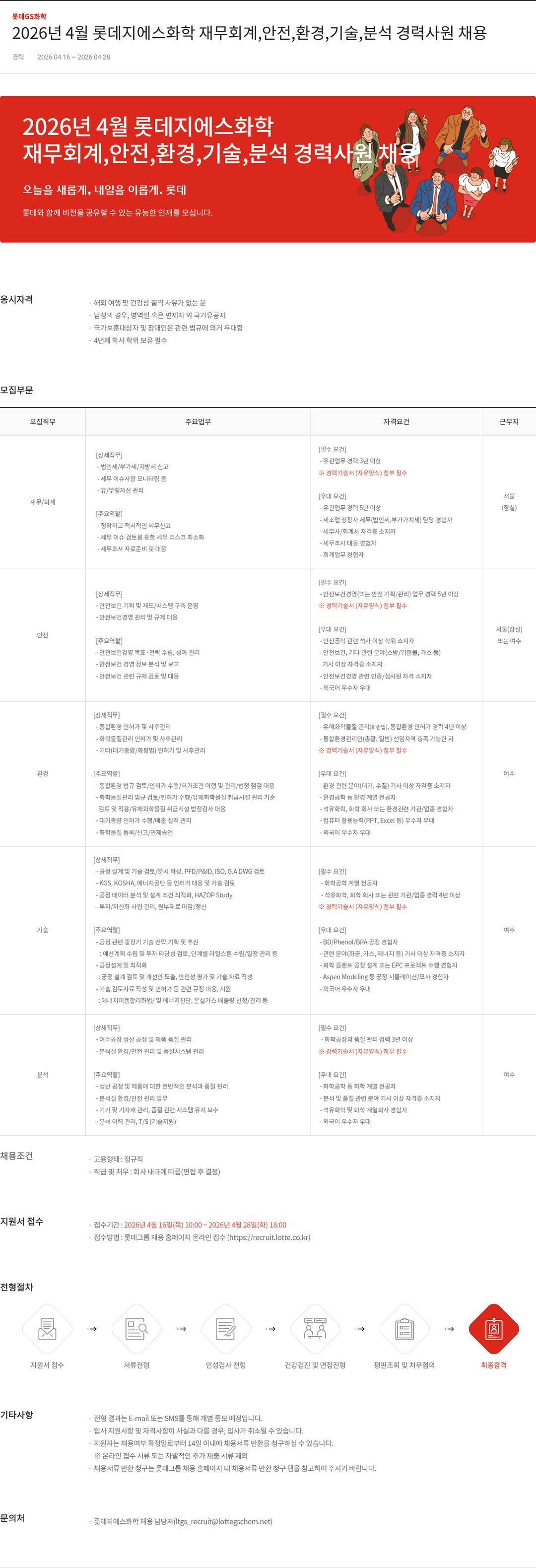 롯데지에스화학 2026년 4월 롯데지에스화학 재무회계, 안전, 환경, 기술, 분석 경력사원 채용 채용공고